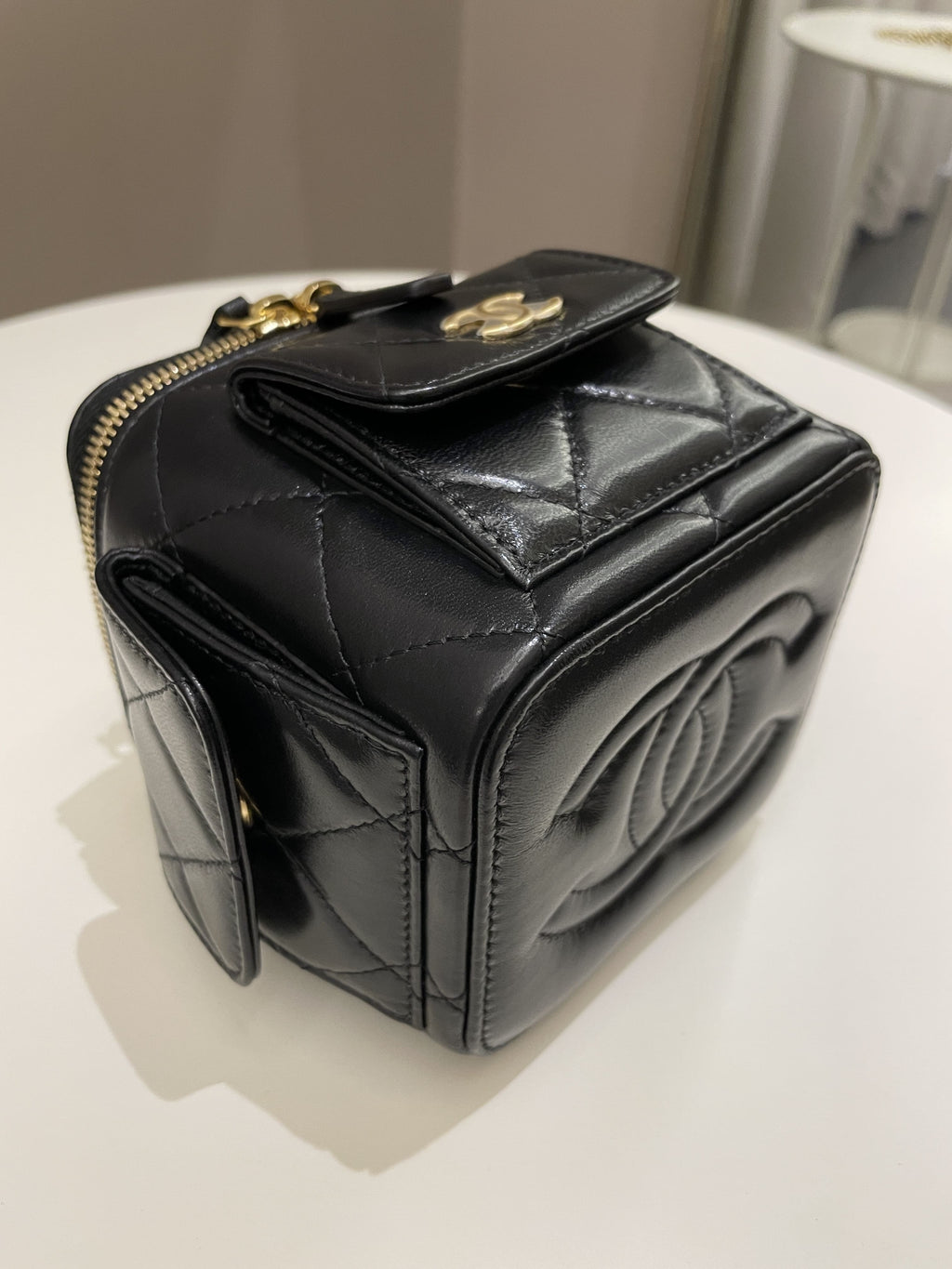 Chanel Vanity Square Top Handle Cargo Pocket Black Lambskin
