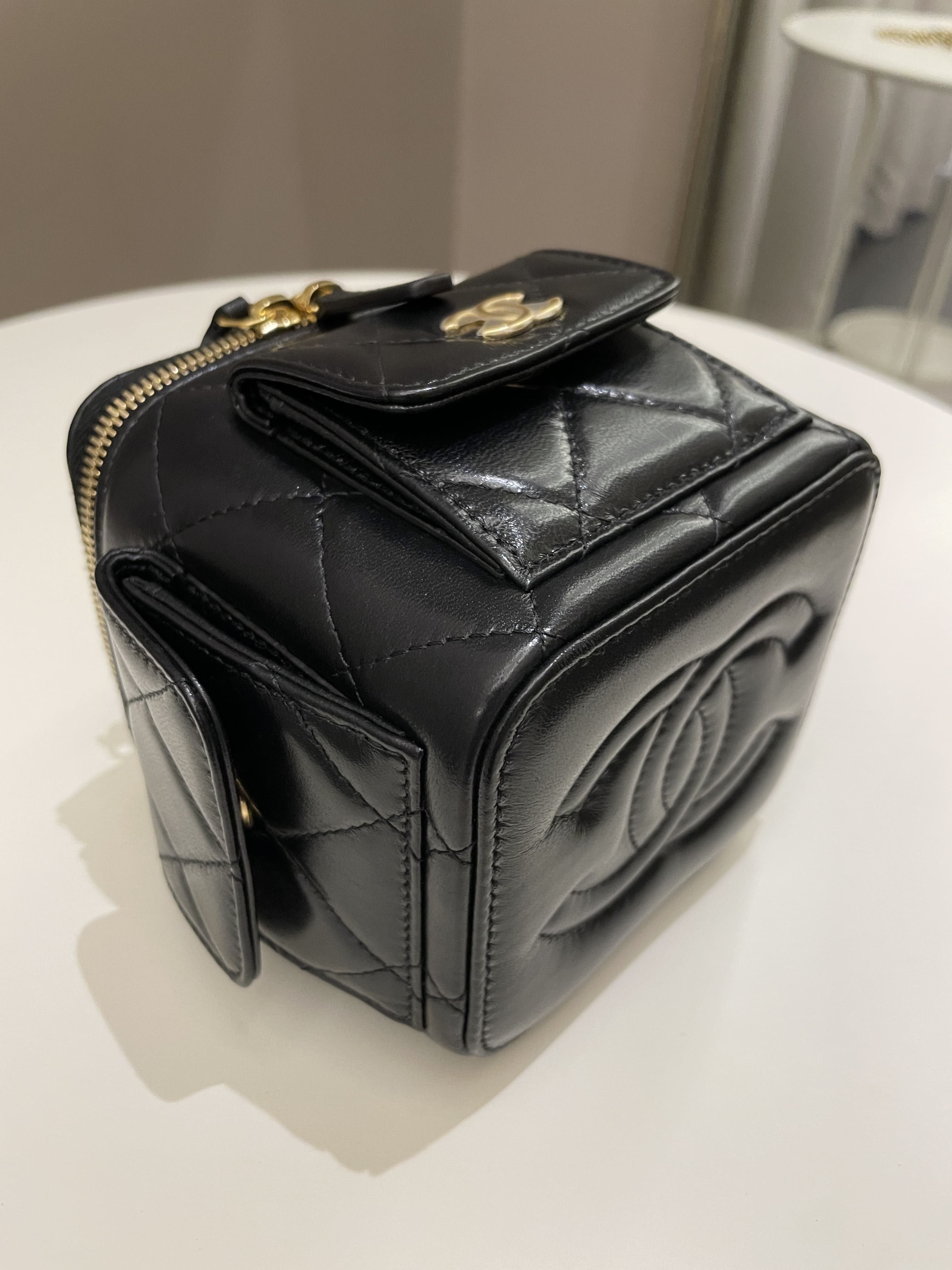 Chanel Vanity Square Top Handle Cargo Pocket Black Lambskin