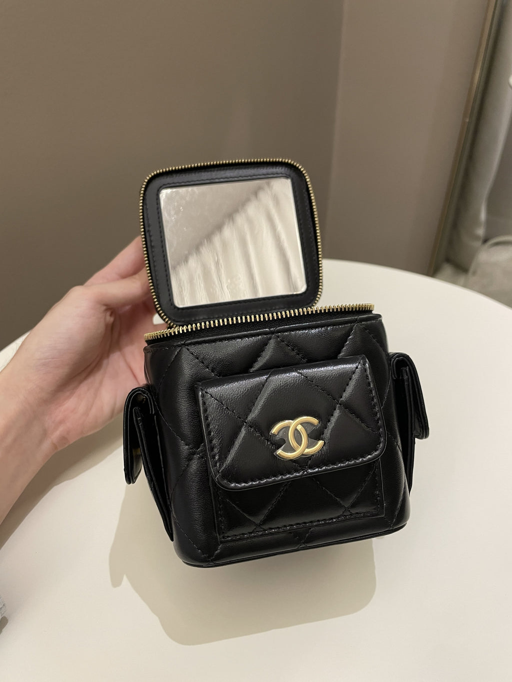 Chanel Vanity Square Top Handle Cargo Pocket Black Lambskin