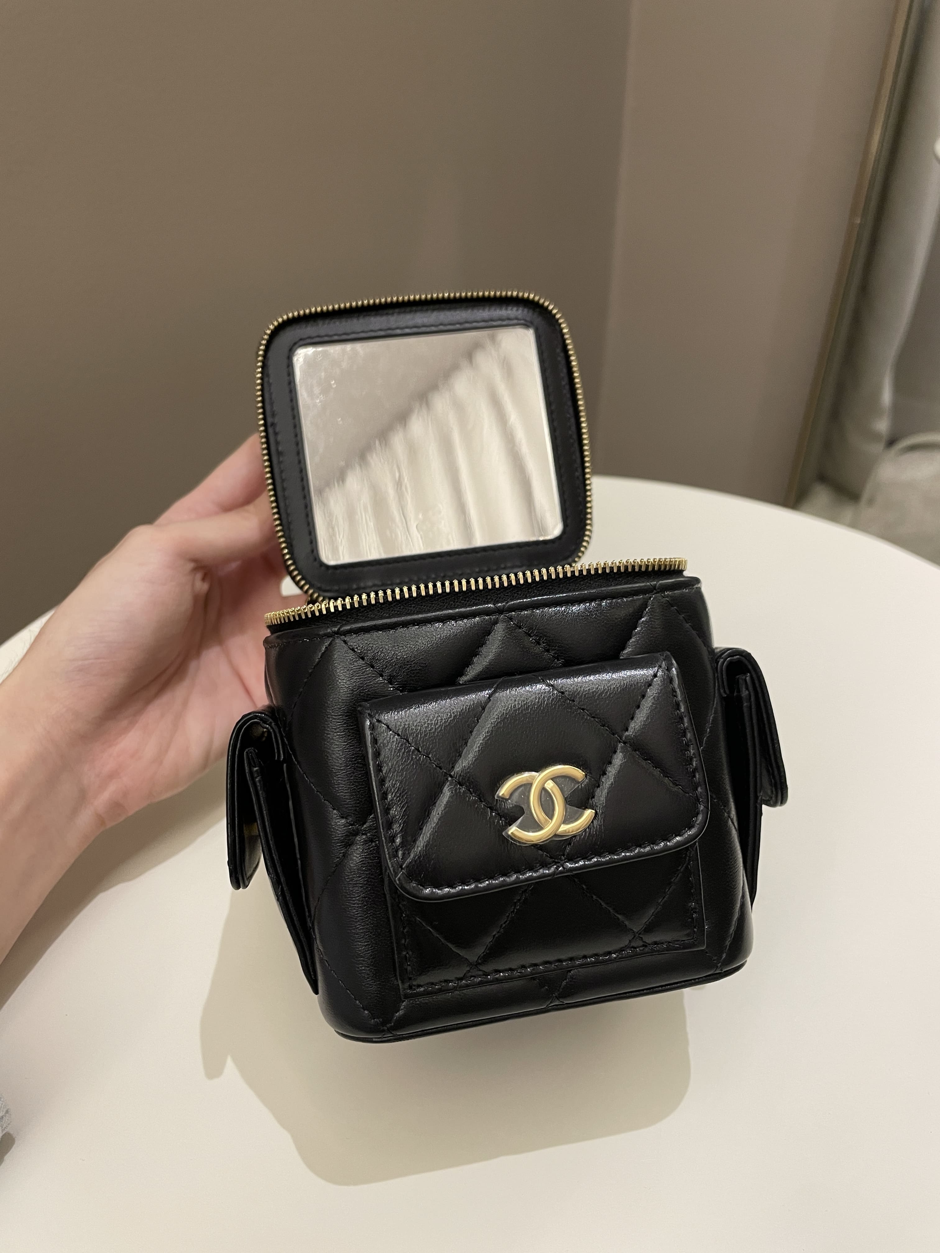 Chanel Vanity Square Top Handle Cargo Pocket Black Lambskin