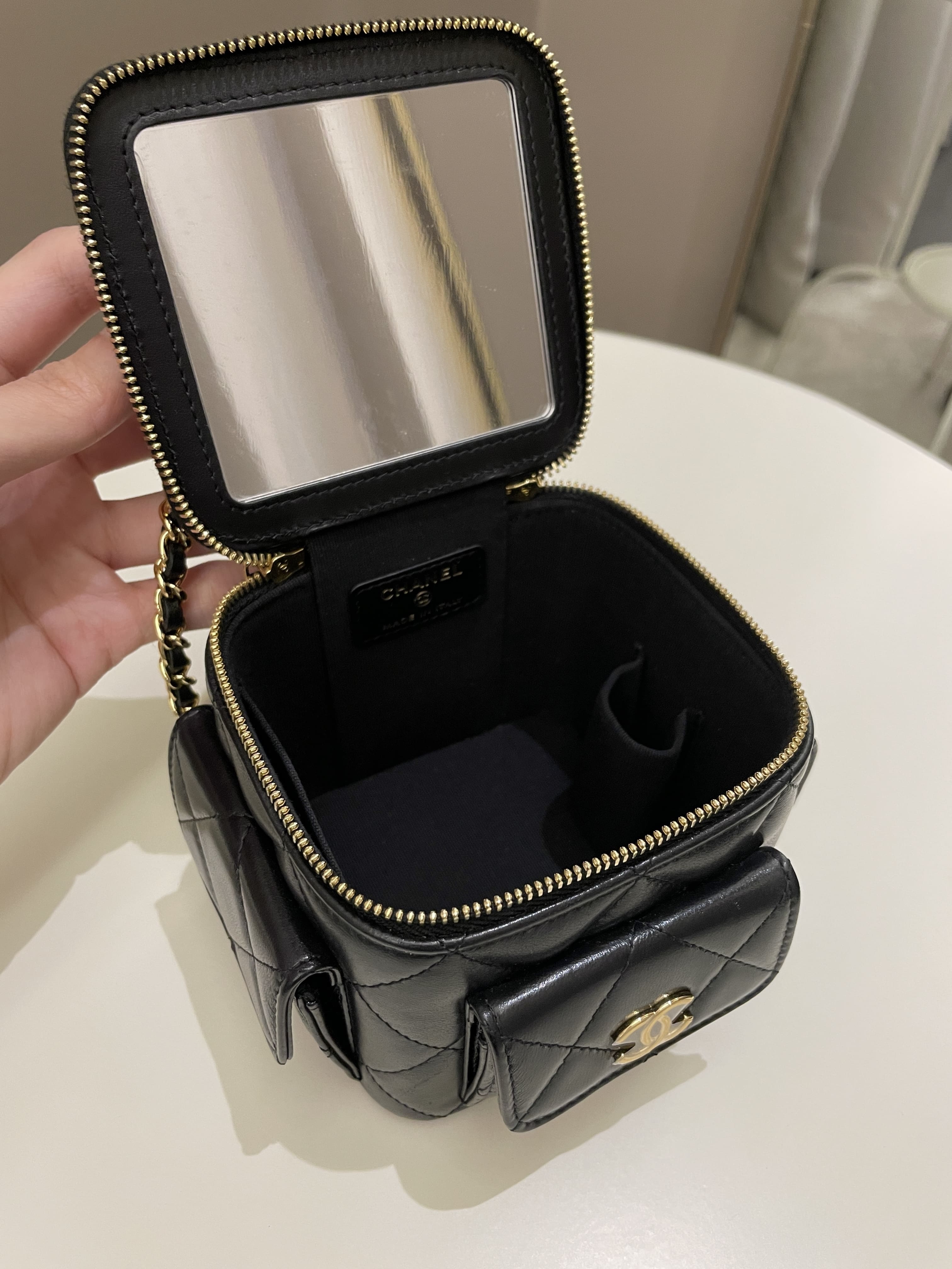 Chanel Vanity Square Top Handle Cargo Pocket Black Lambskin