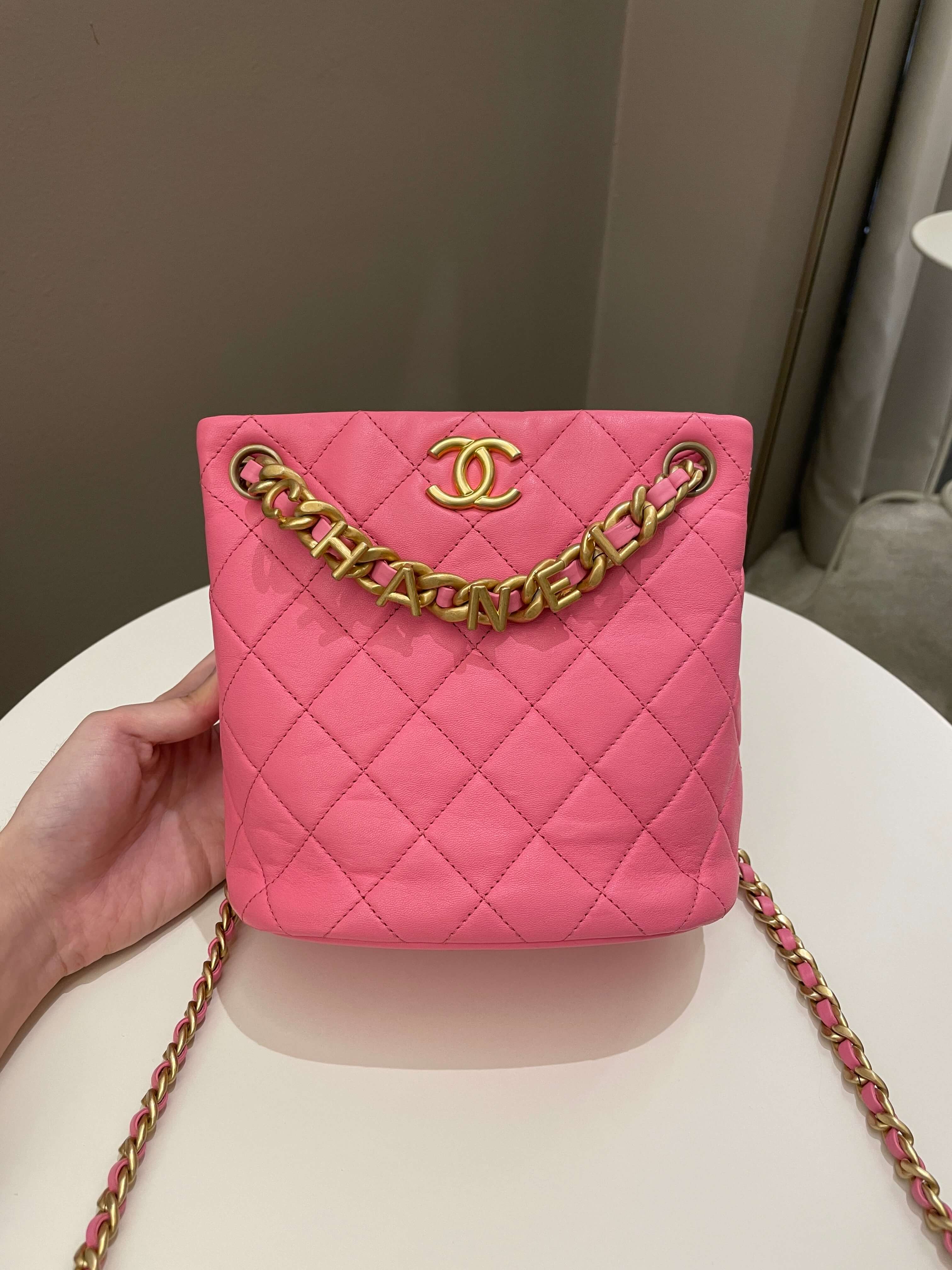 Chanel 23P Drawstring Bucket Bag Pink Stiff Lambskin