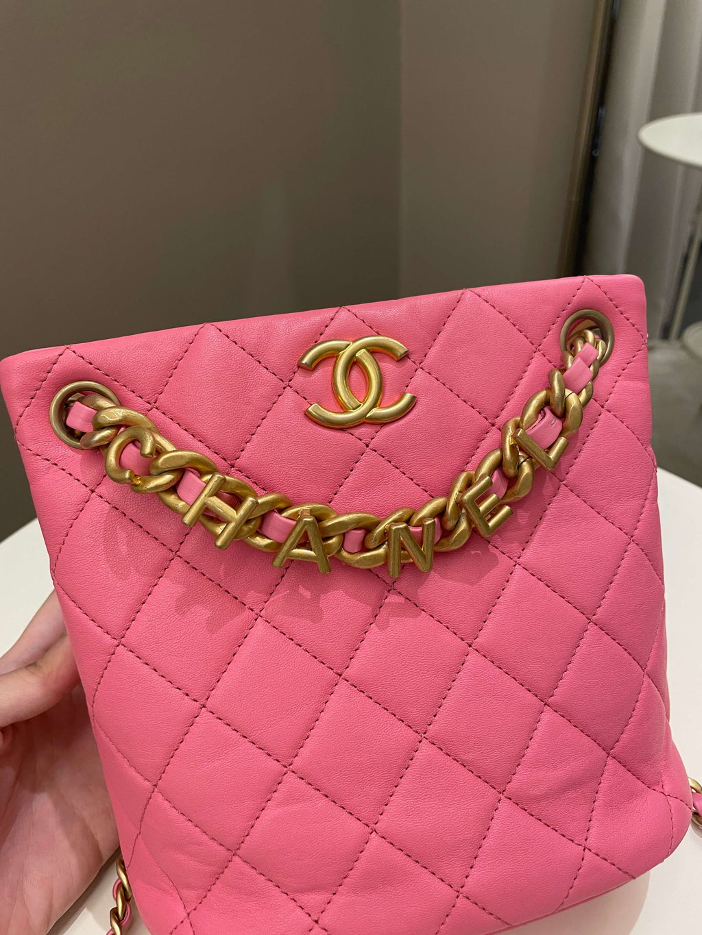 Chanel 23P Drawstring Bucket Bag Pink Stiff Lambskin