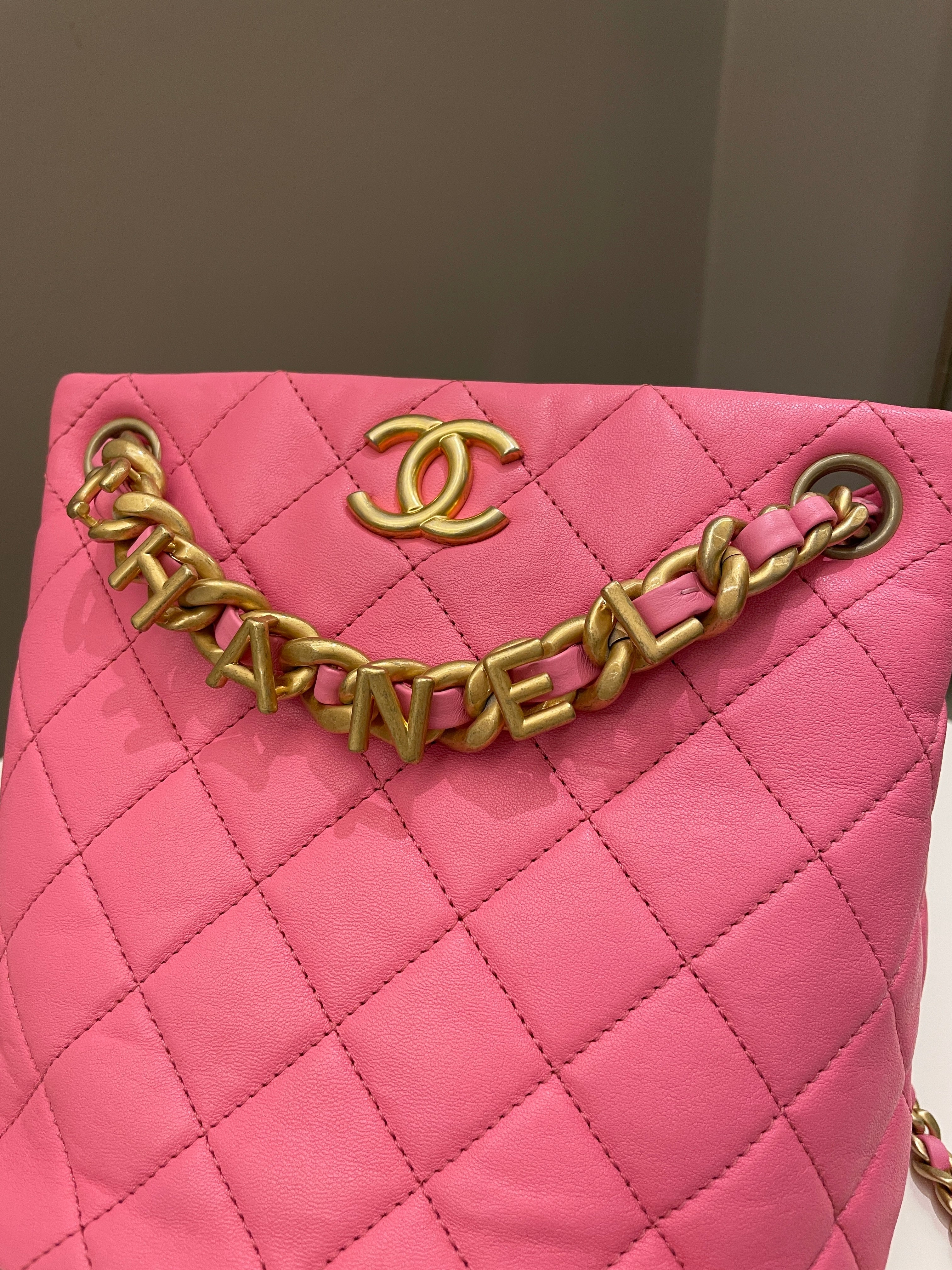 Chanel 23P Drawstring Bucket Bag Pink Stiff Lambskin