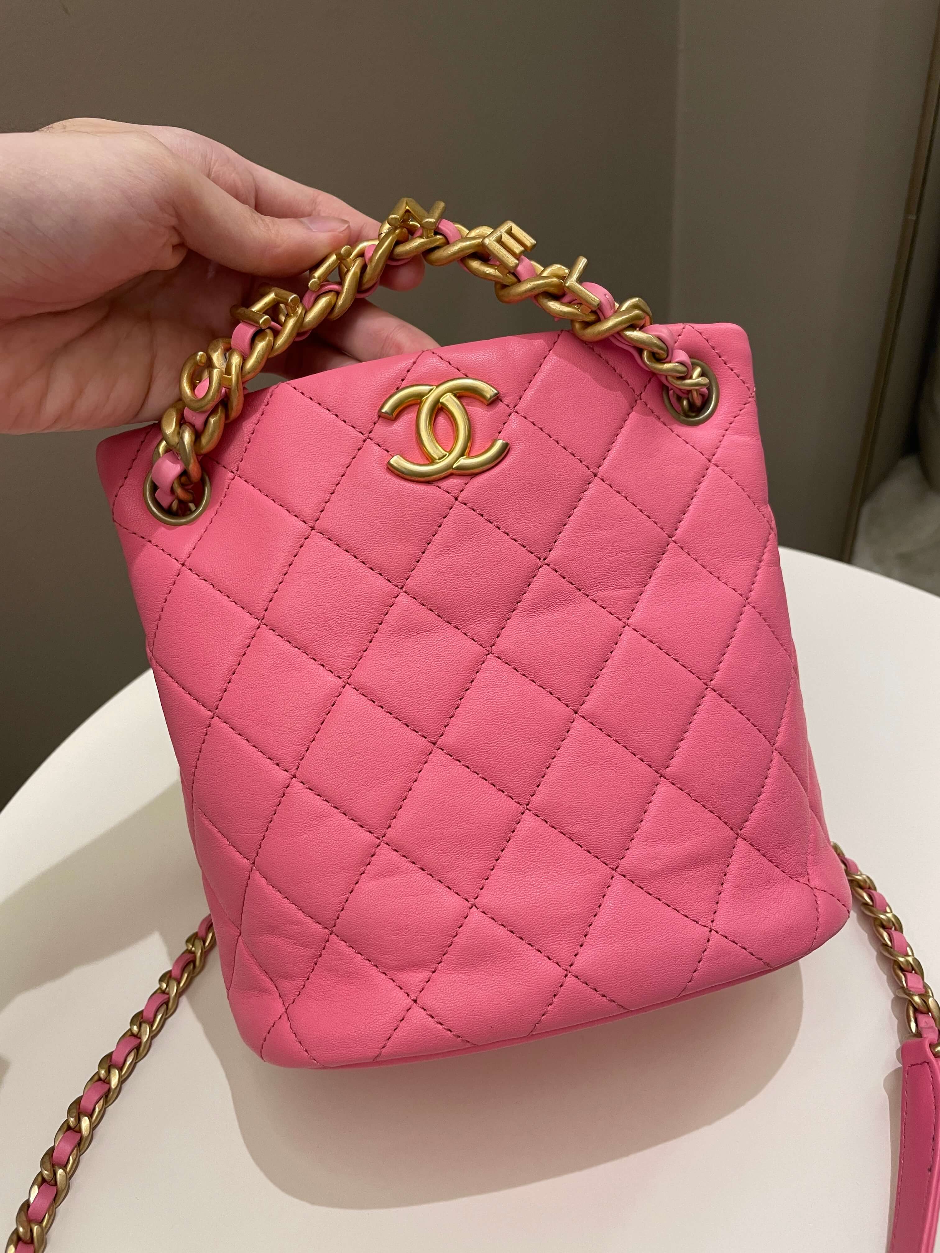Chanel 23P Drawstring Bucket Bag Pink Stiff Lambskin