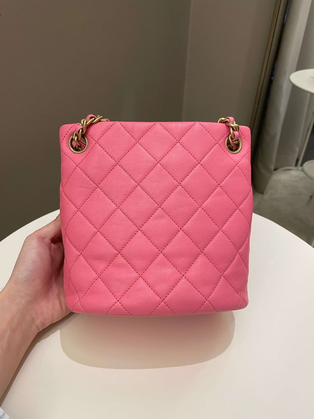 Chanel 23P Drawstring Bucket Bag Pink Stiff Lambskin