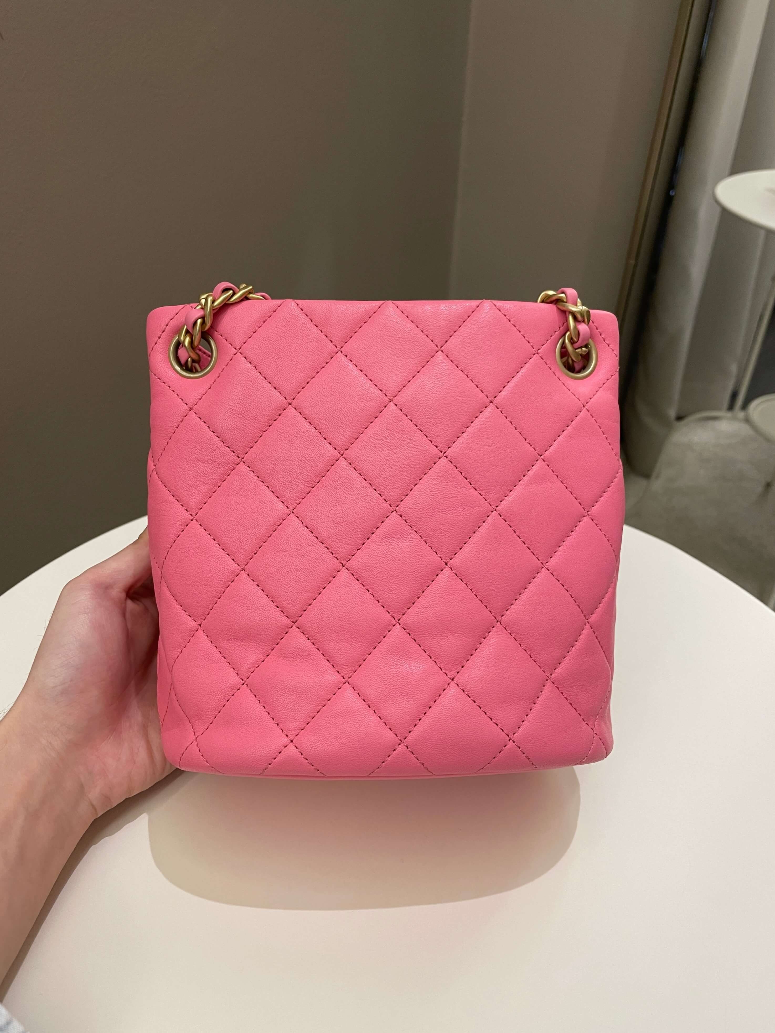 Chanel 23P Drawstring Bucket Bag Pink Stiff Lambskin