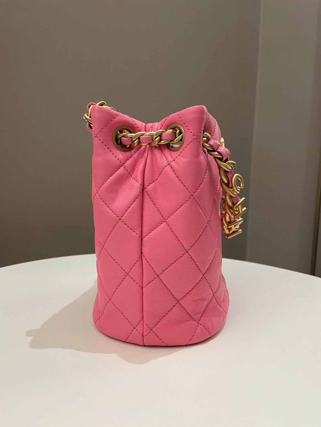 Chanel 23P Drawstring Bucket Bag Pink Stiff Lambskin