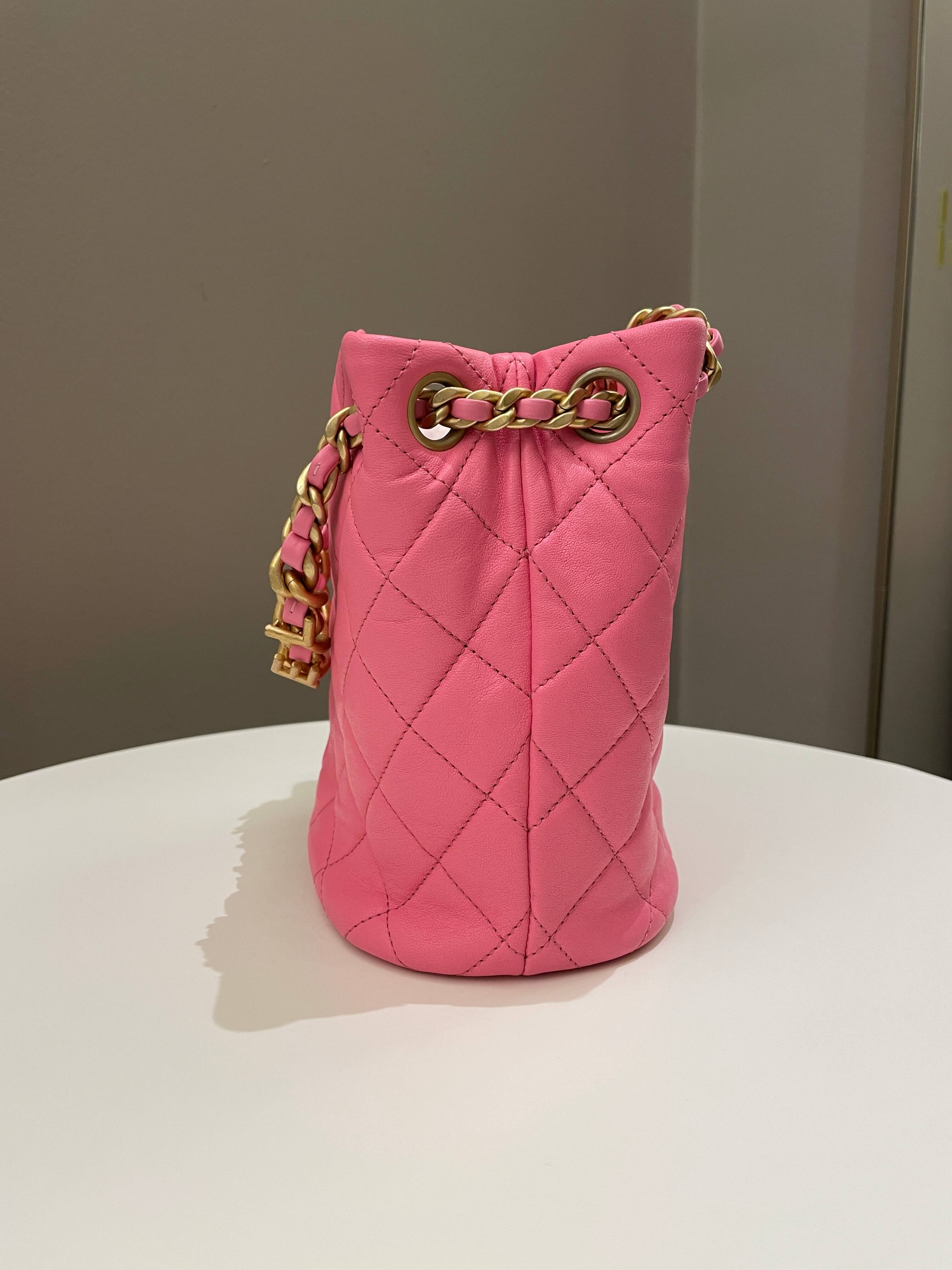 Chanel 23P Drawstring Bucket Bag Pink Stiff Lambskin