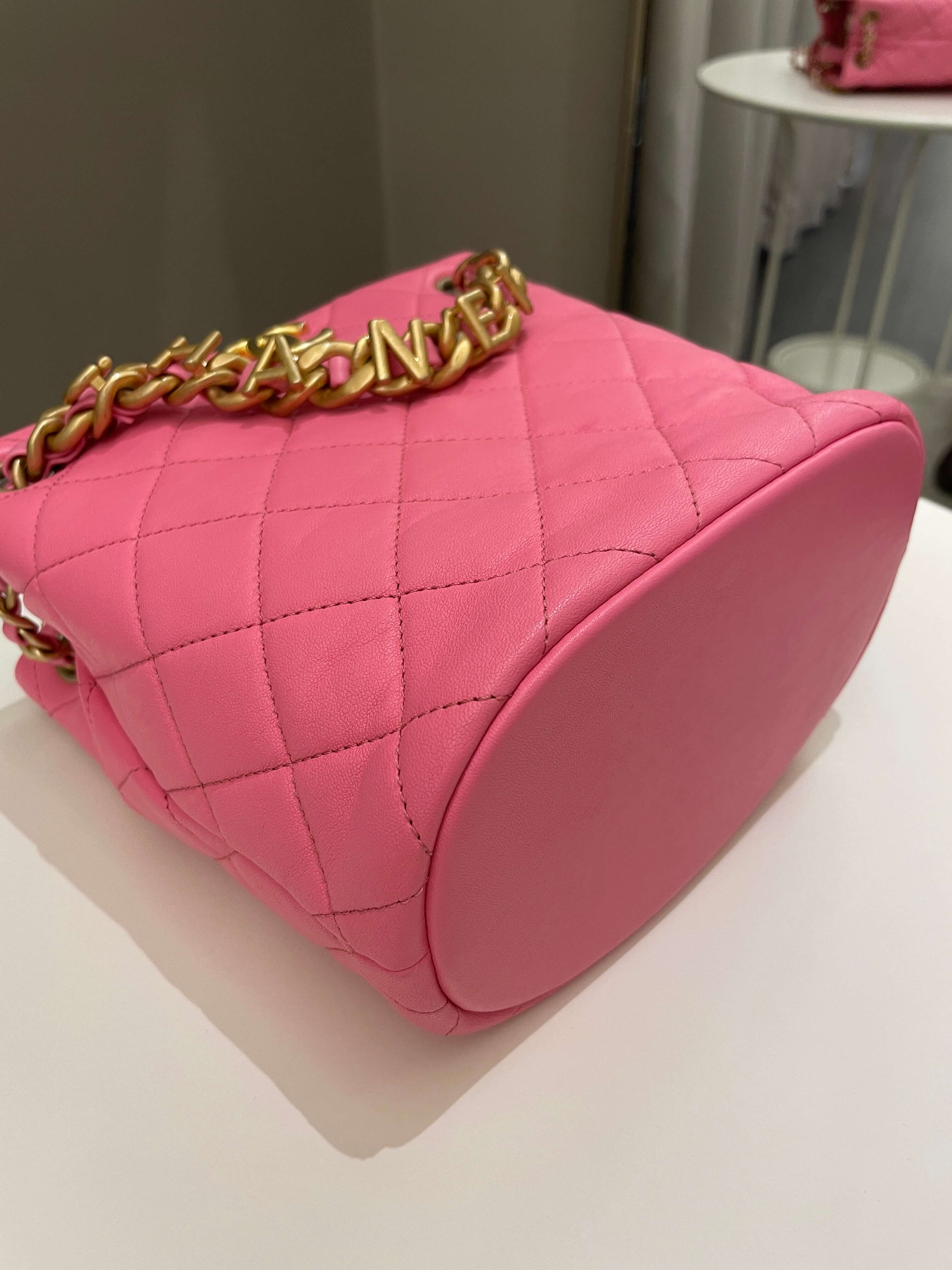 Chanel 23P Drawstring Bucket Bag Pink Stiff Lambskin