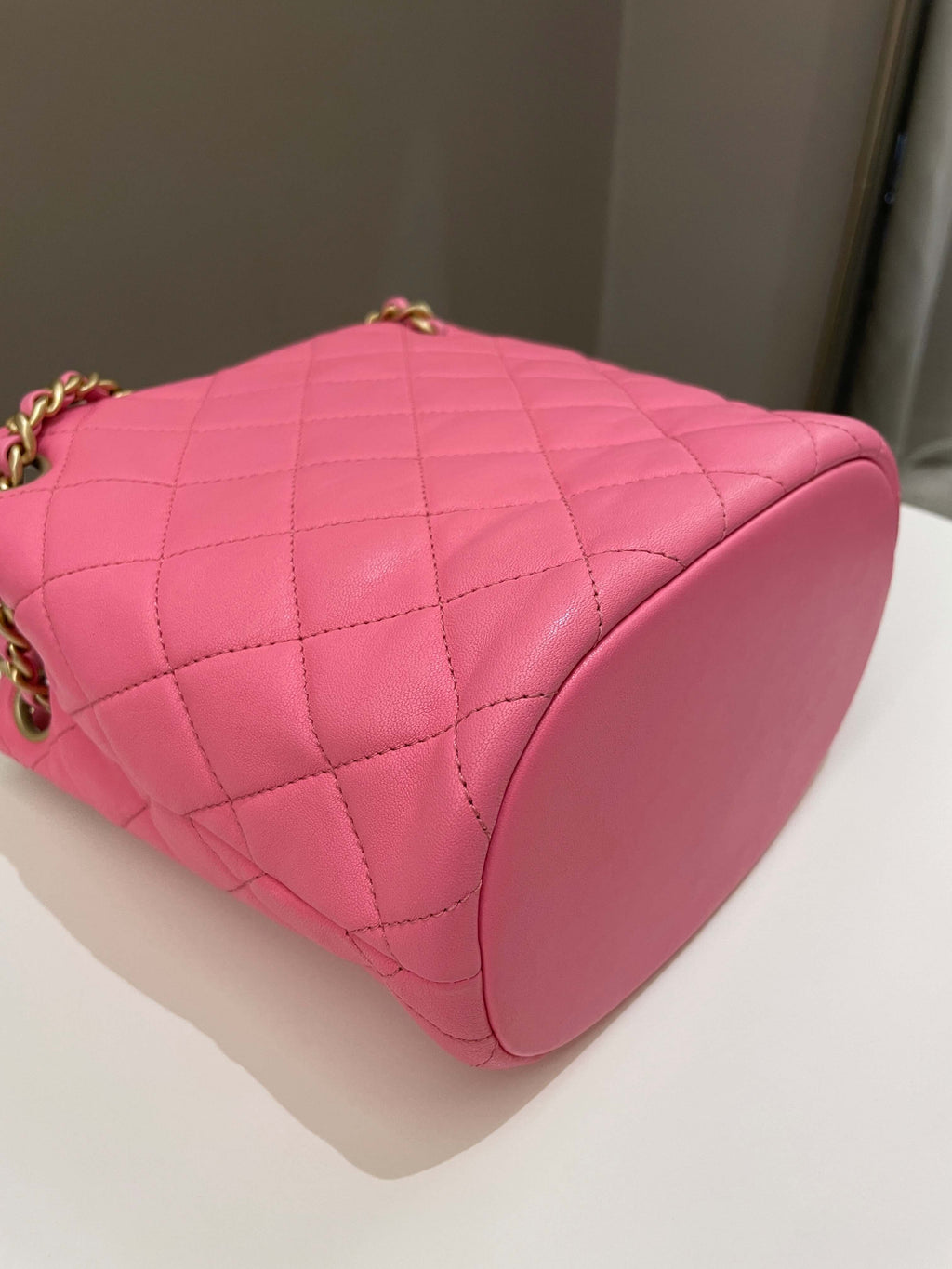 Chanel 23P Drawstring Bucket Bag Pink Stiff Lambskin