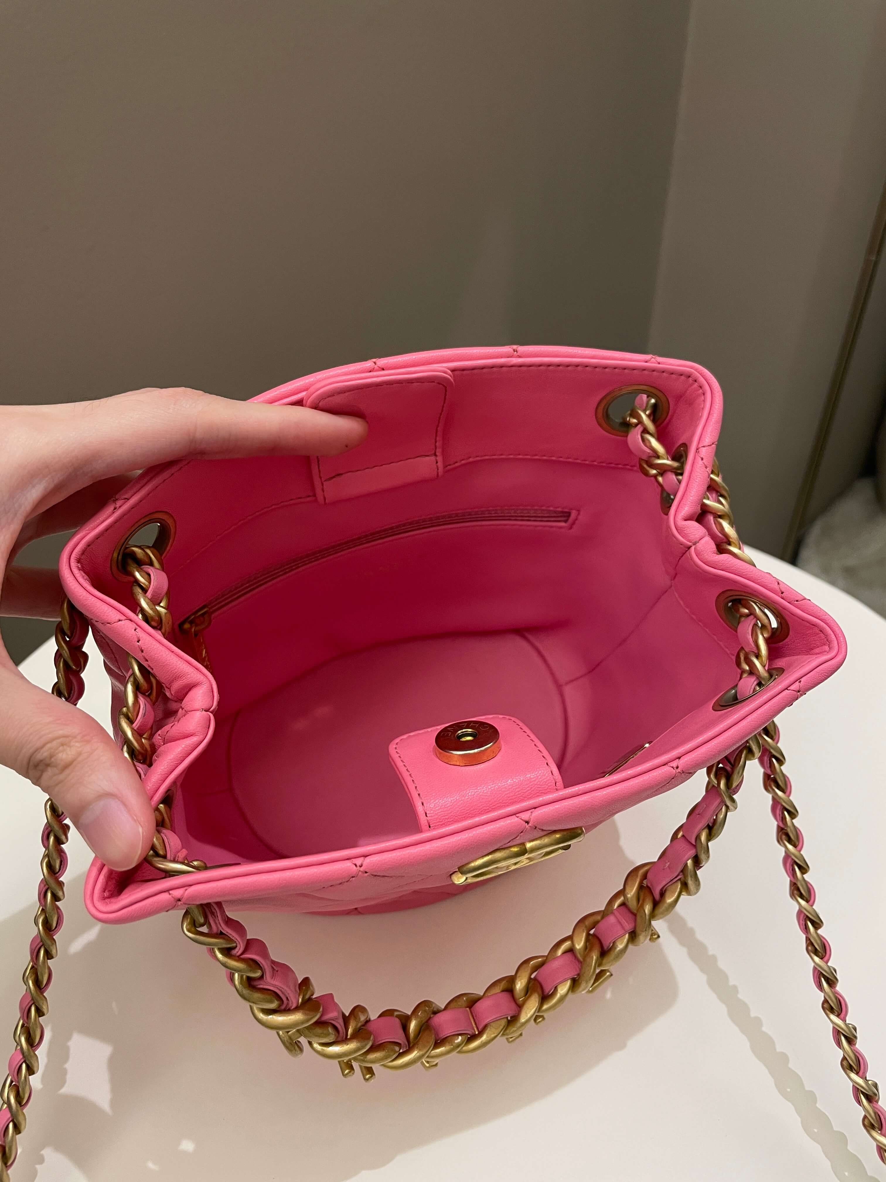 Chanel 23P Drawstring Bucket Bag Pink Stiff Lambskin