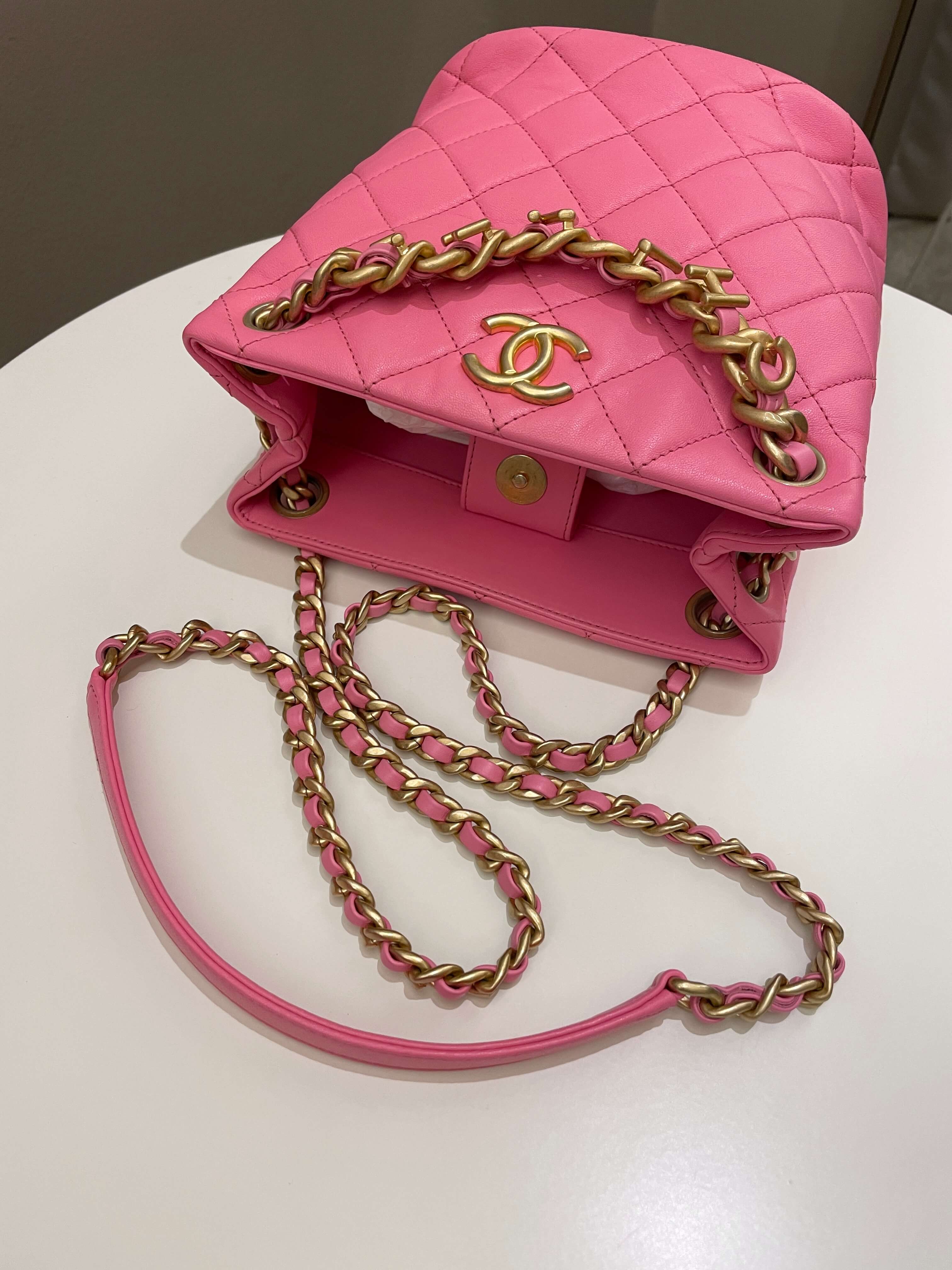 Chanel 23P Drawstring Bucket Bag Pink Stiff Lambskin