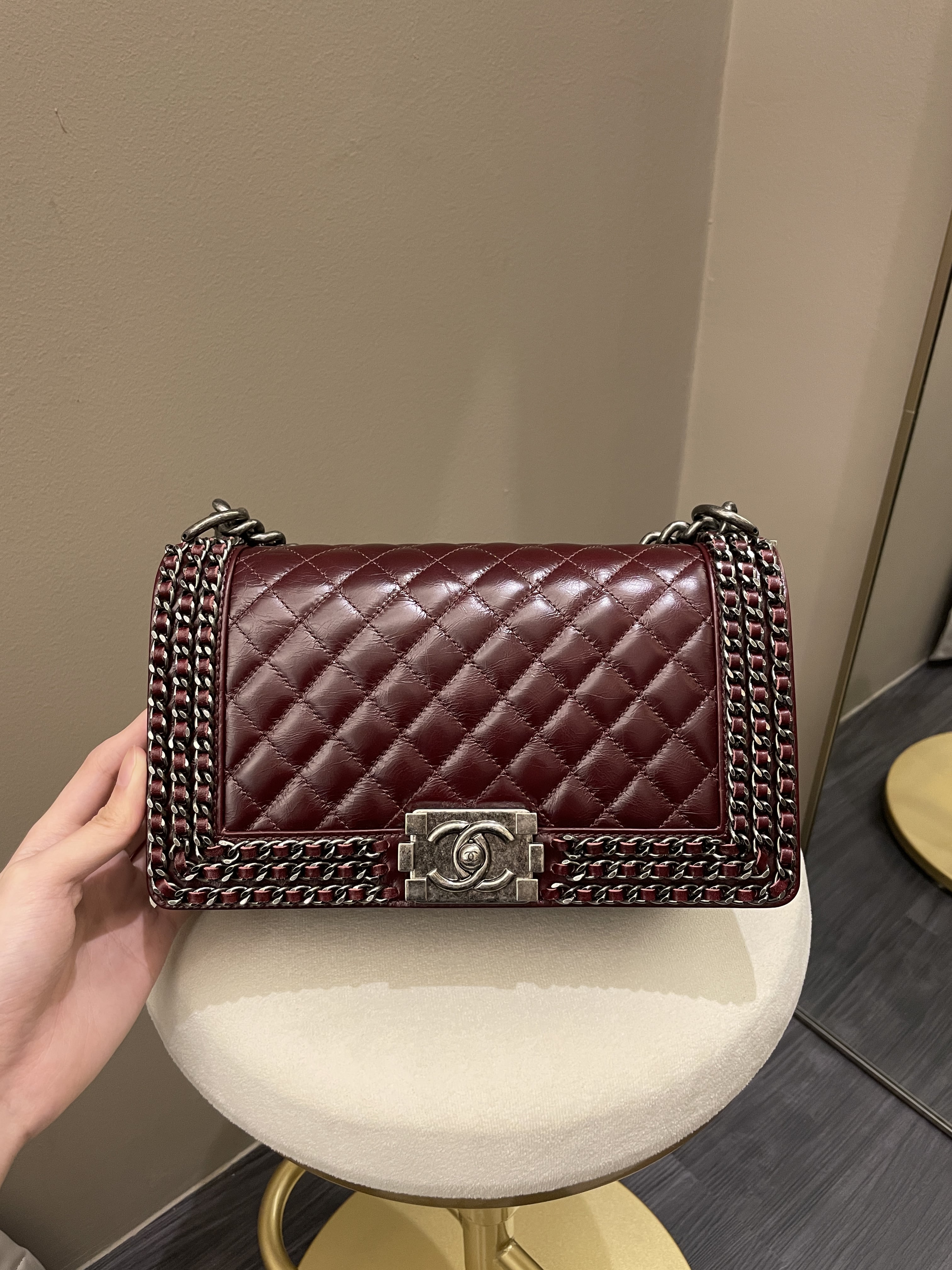 Chanel Quilted Old Medium Chained Boy Bag Burgundy Aged Calfskin