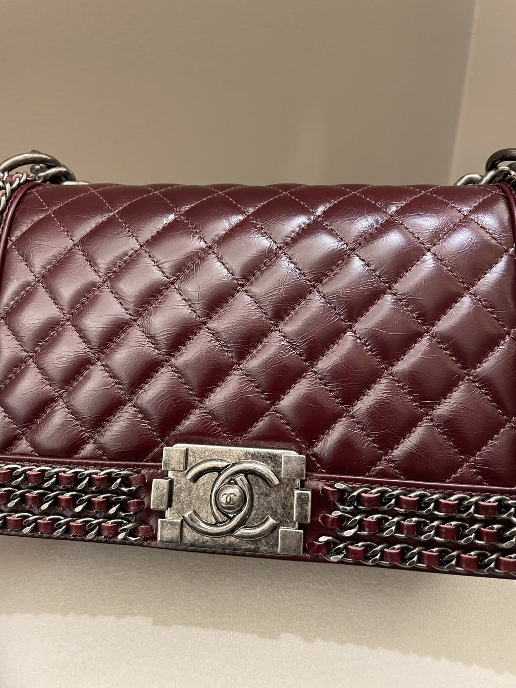 Chanel Quilted Old Medium Chained Boy Bag Burgundy Aged Calfskin