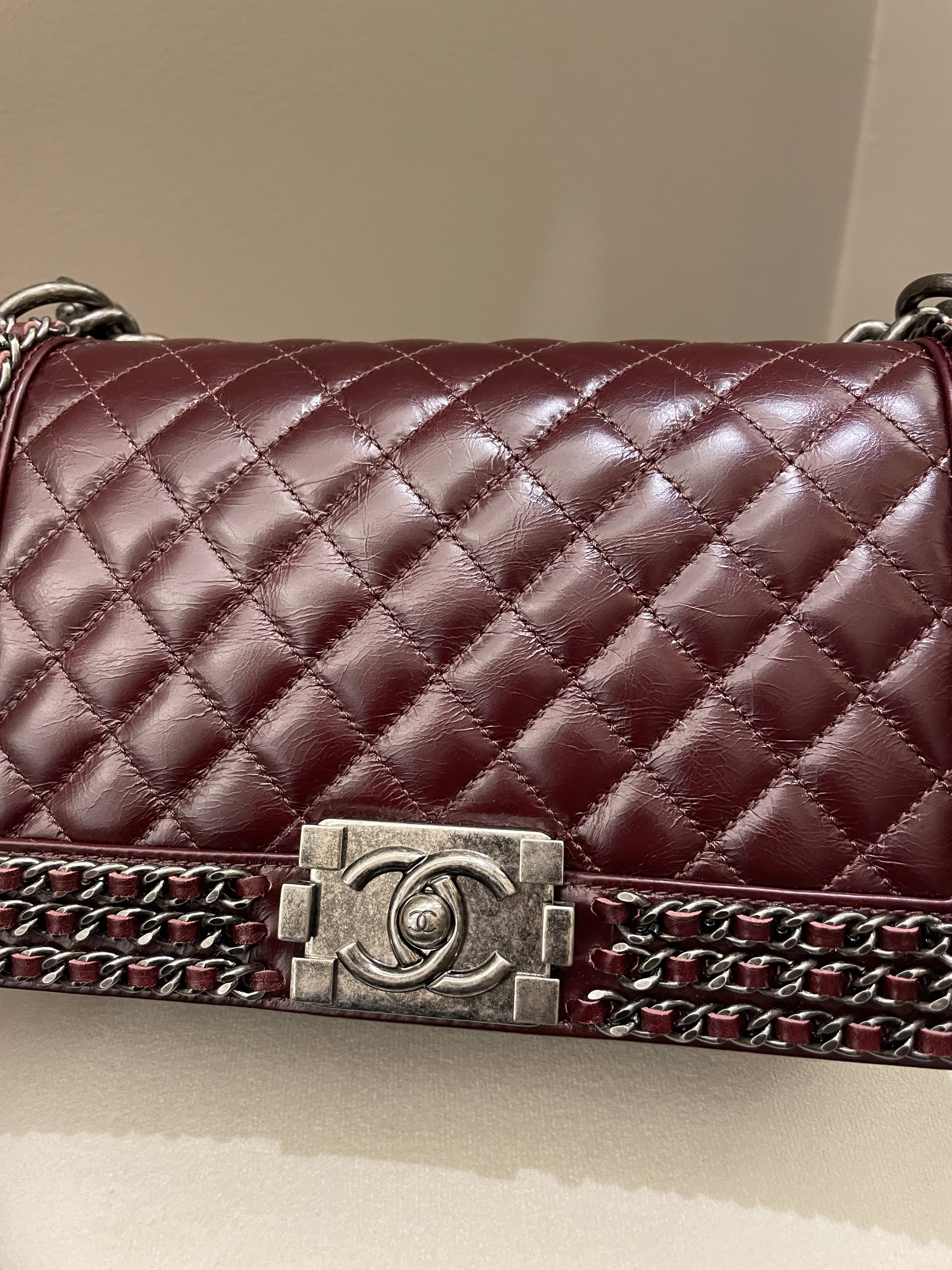 Chanel Quilted Old Medium Chained Boy Bag Burgundy Aged Calfskin