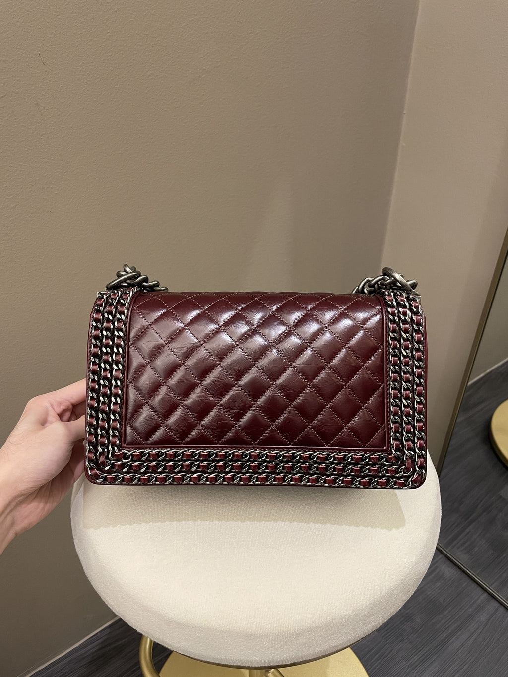 Chanel Quilted Old Medium Chained Boy Bag Burgundy Aged Calfskin