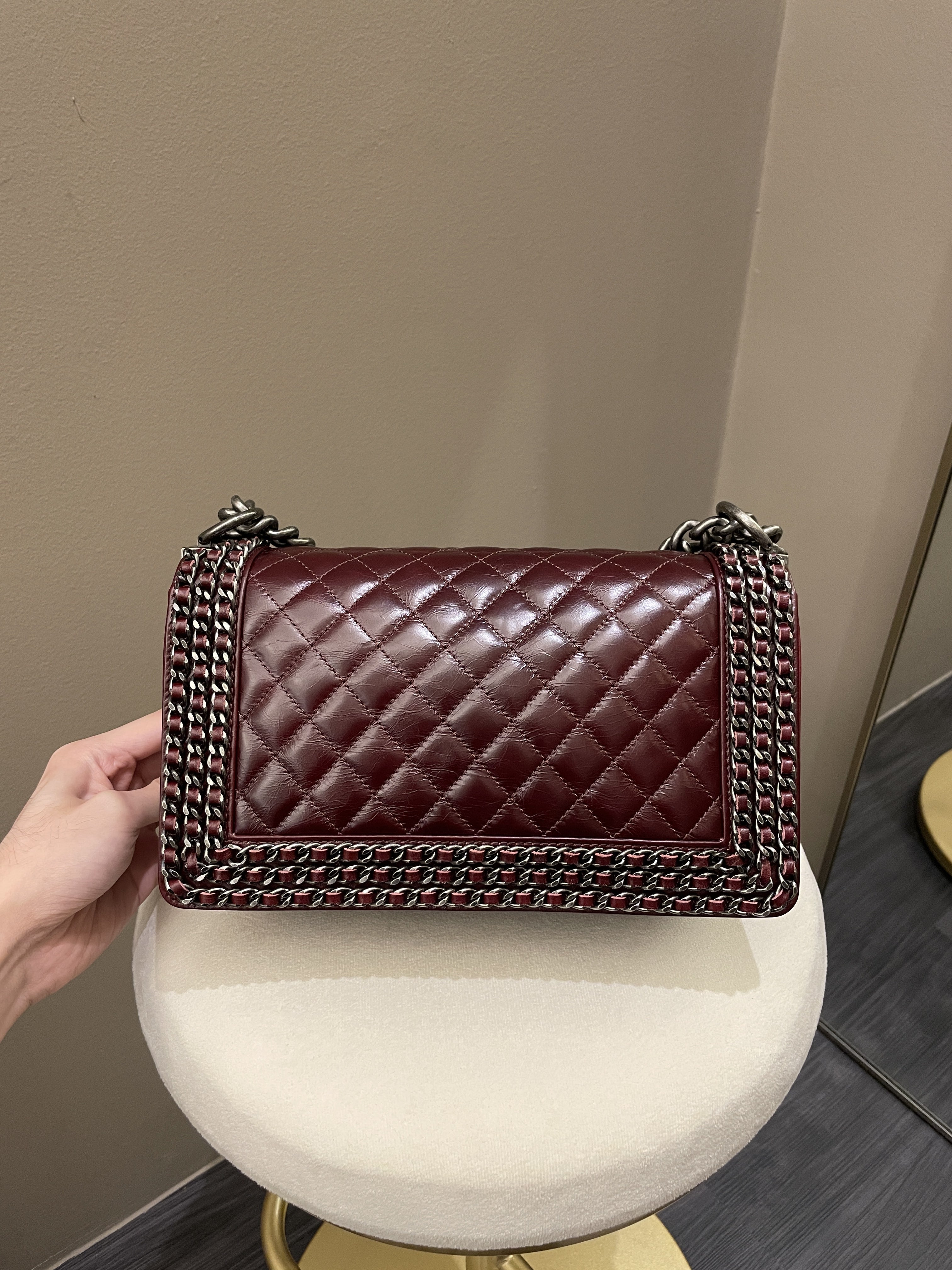 Chanel Quilted Old Medium Chained Boy Bag Burgundy Aged Calfskin