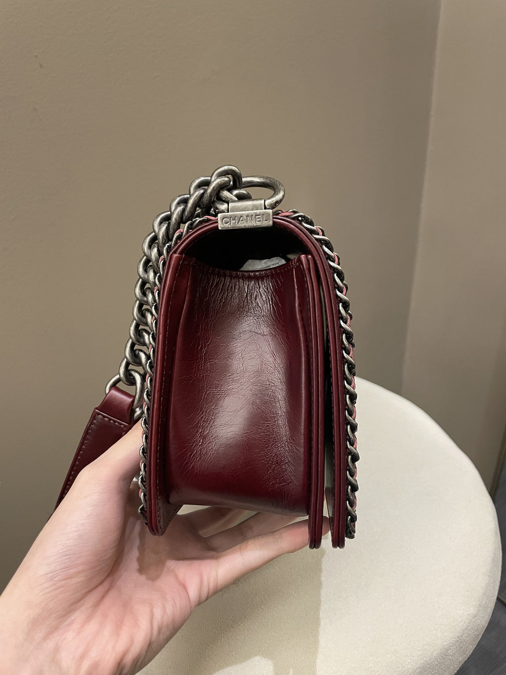 Chanel Quilted Old Medium Chained Boy Bag Burgundy Aged Calfskin