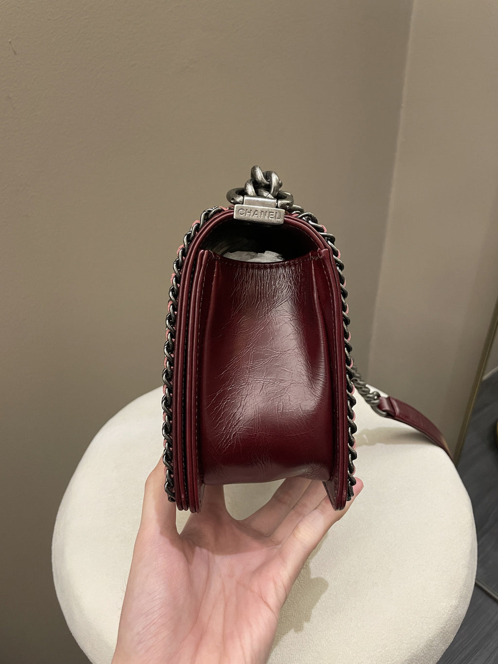 Chanel Quilted Old Medium Chained Boy Bag Burgundy Aged Calfskin