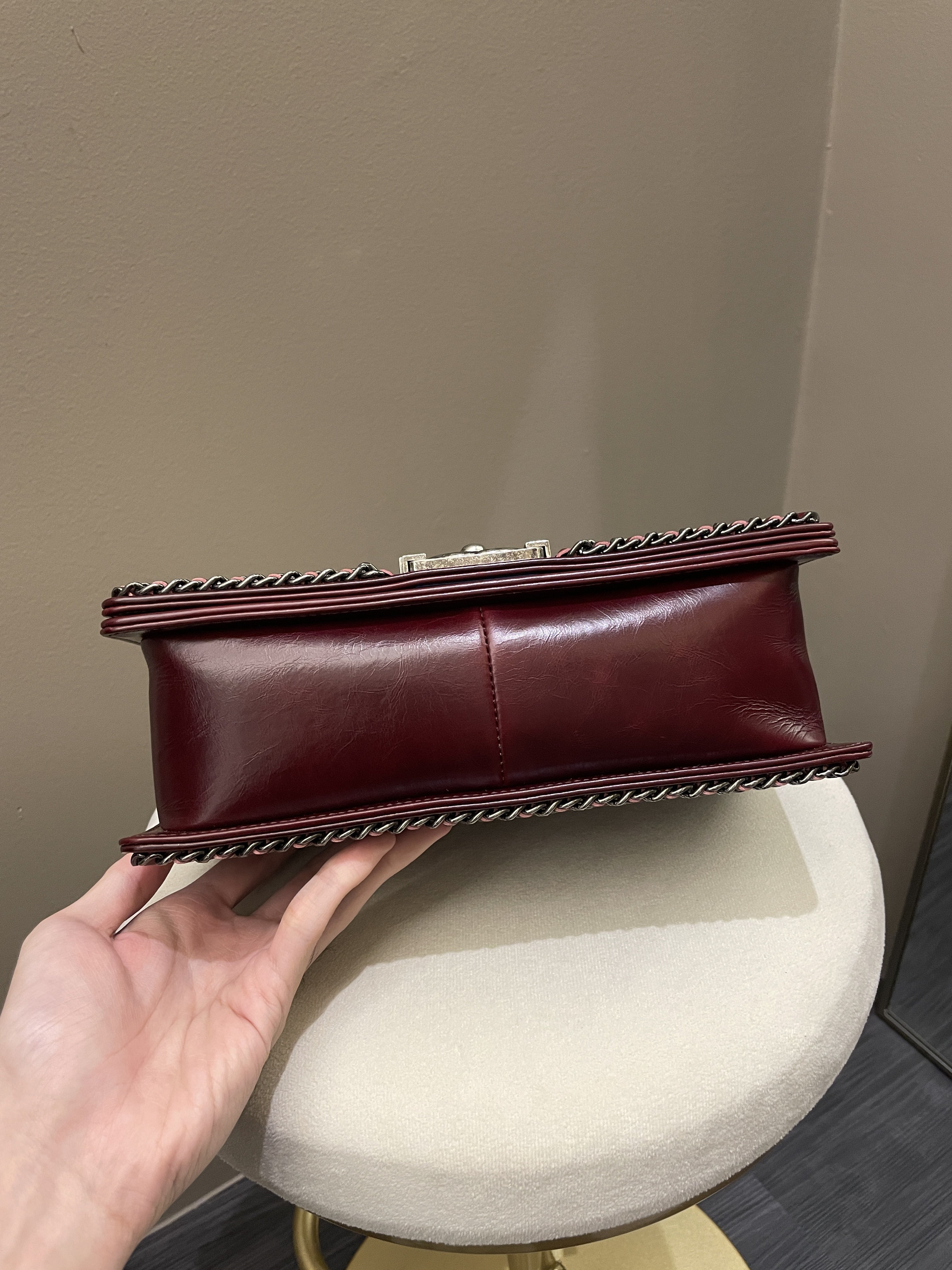Chanel Quilted Old Medium Chained Boy Bag Burgundy Aged Calfskin
