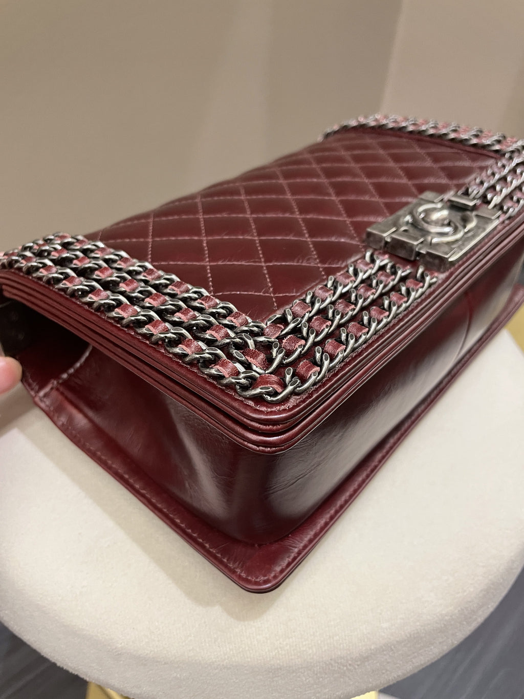 Chanel Quilted Old Medium Chained Boy Bag Burgundy Aged Calfskin