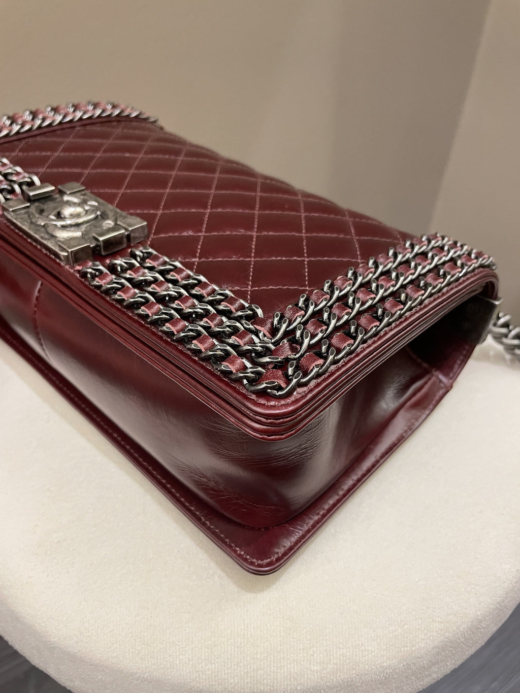 Chanel Quilted Old Medium Chained Boy Bag Burgundy Aged Calfskin