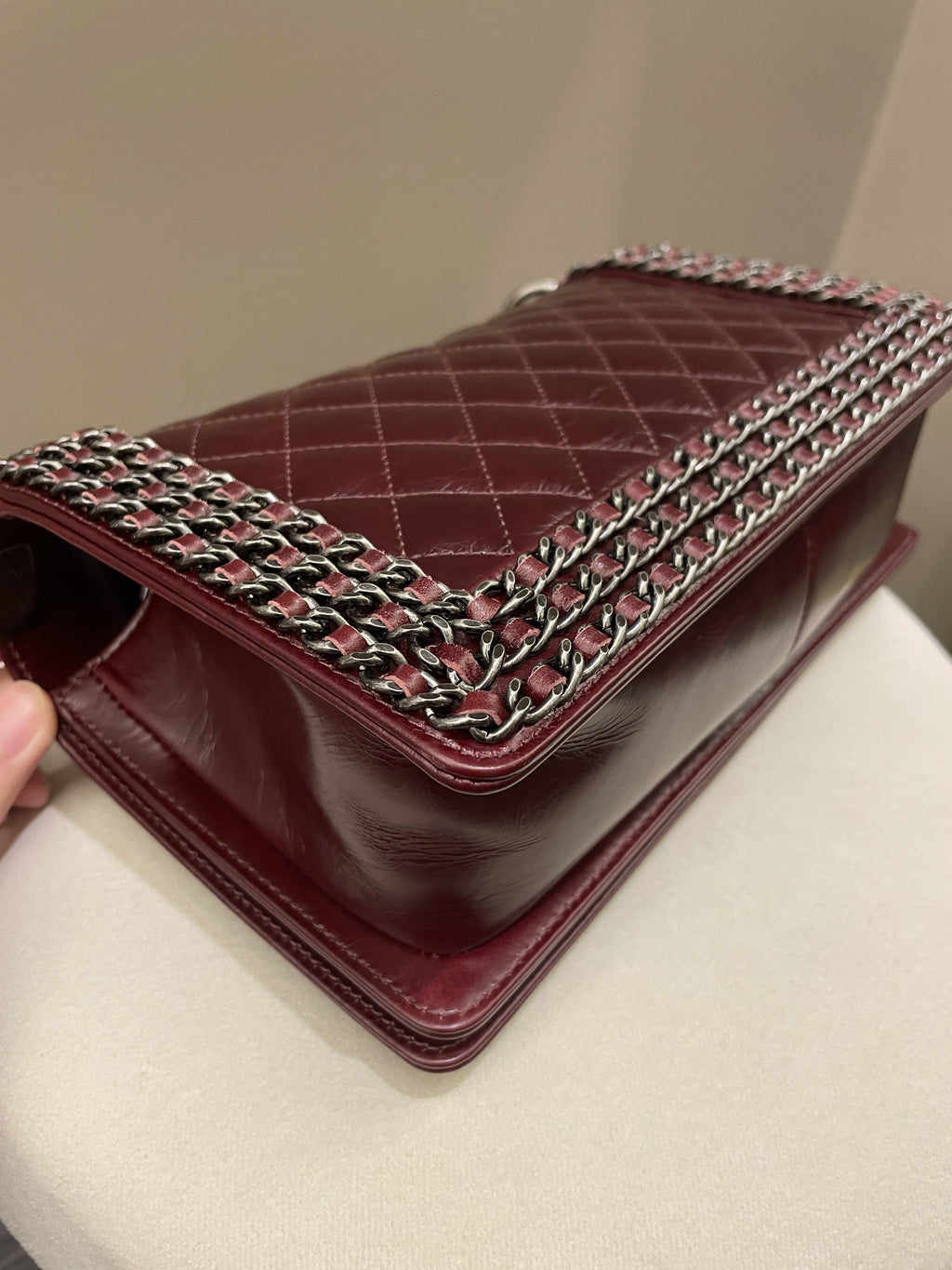 Chanel Quilted Old Medium Chained Boy Bag Burgundy Aged Calfskin