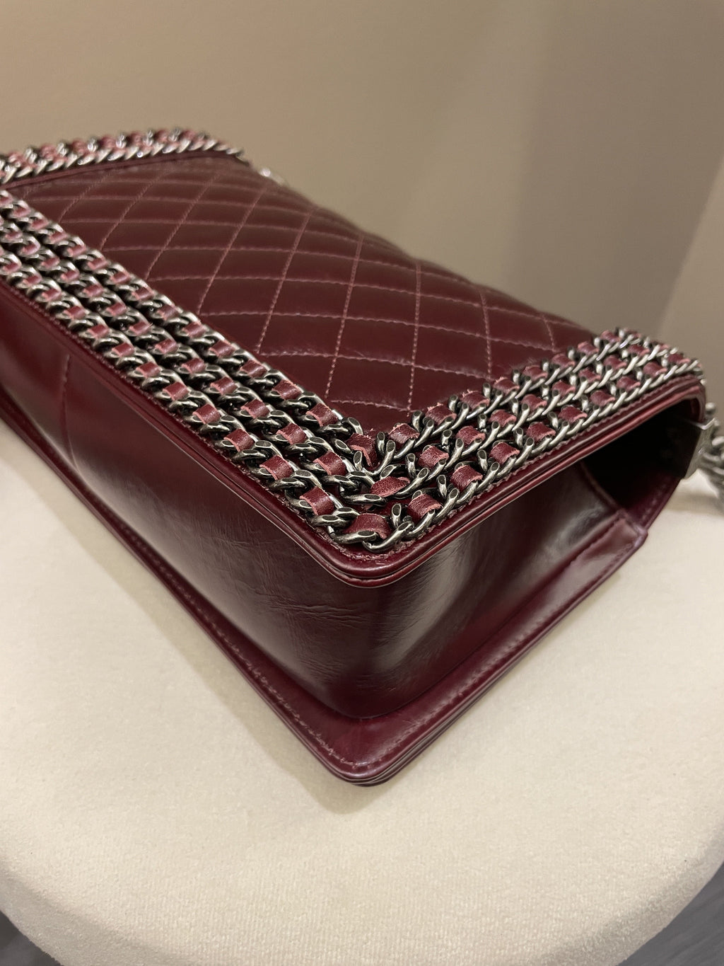 Chanel Quilted Old Medium Chained Boy Bag Burgundy Aged Calfskin