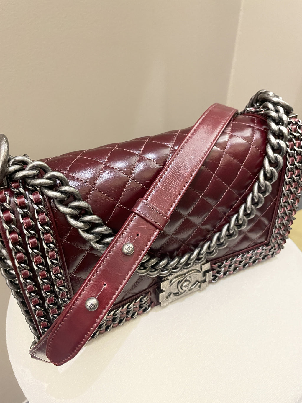 Chanel Quilted Old Medium Chained Boy Bag Burgundy Aged Calfskin