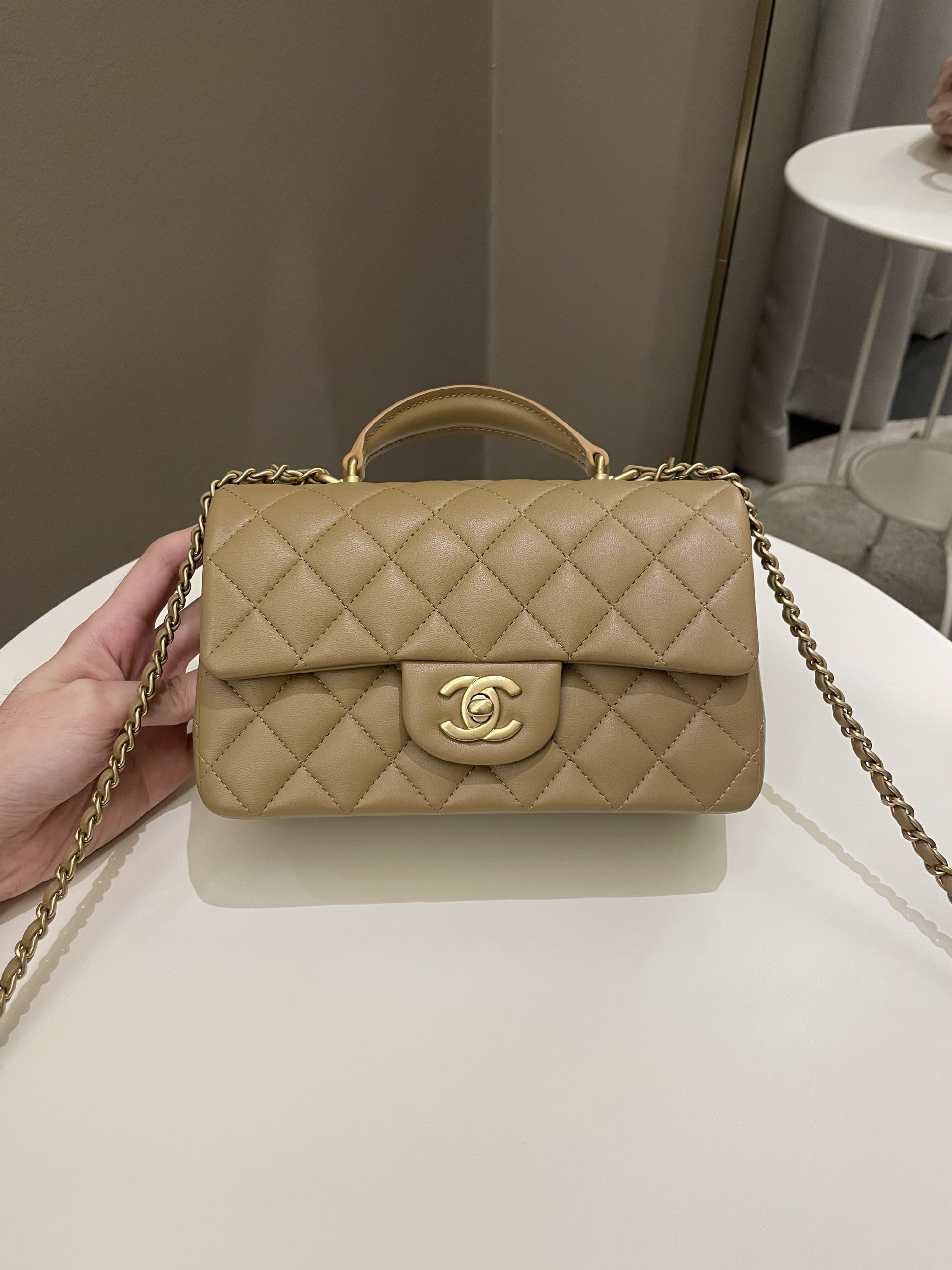 Chanel 22B Quilted Metal Top Handle Mini Rectangular Dark Beige Lambskin