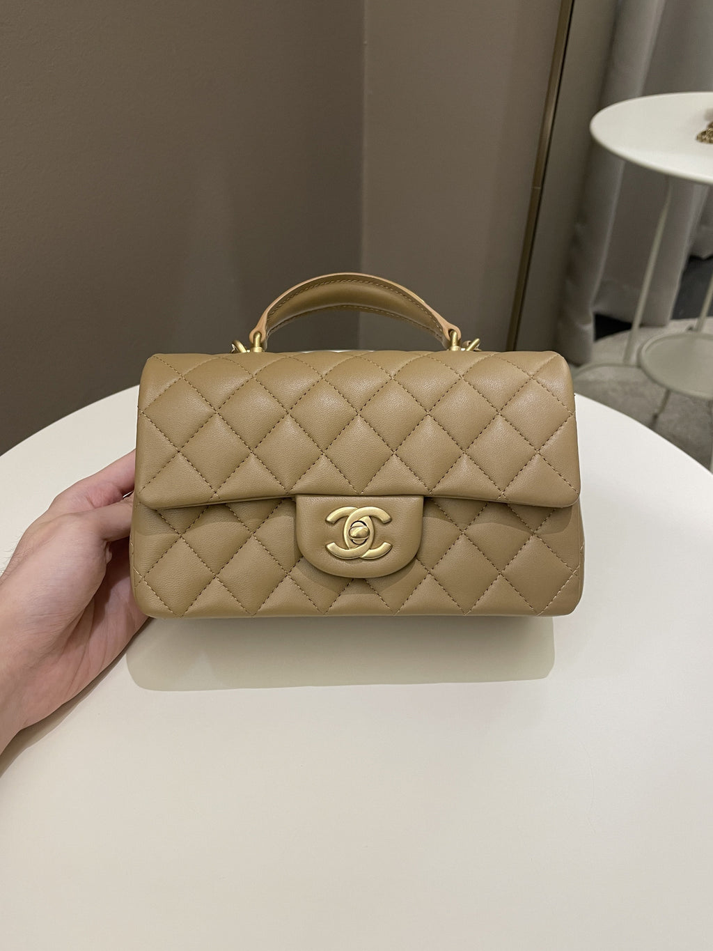 Chanel 22B Quilted Metal Top Handle Mini Rectangular Dark Beige Lambskin
