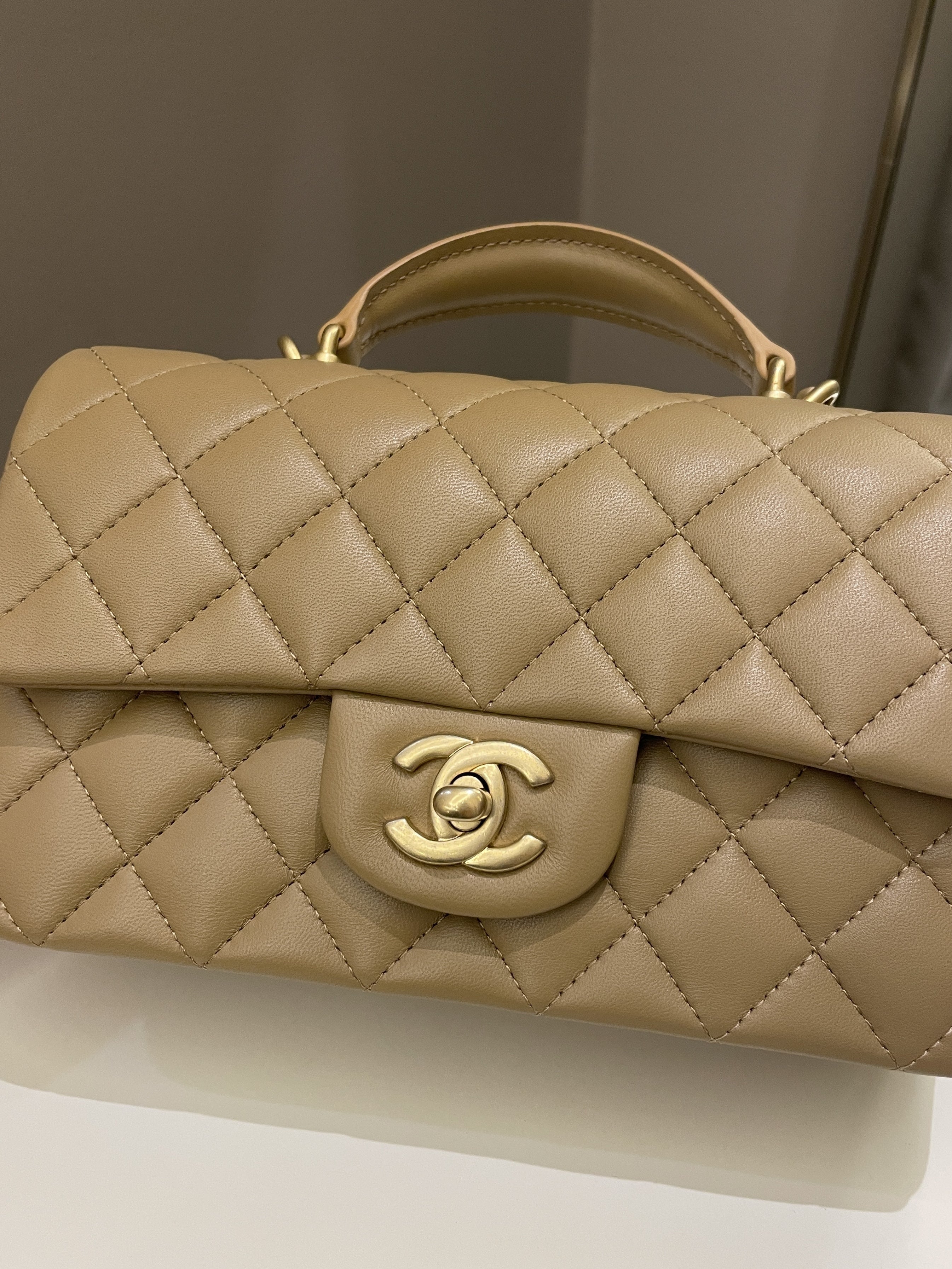 Chanel 22B Quilted Metal Top Handle Mini Rectangular Dark Beige Lambskin