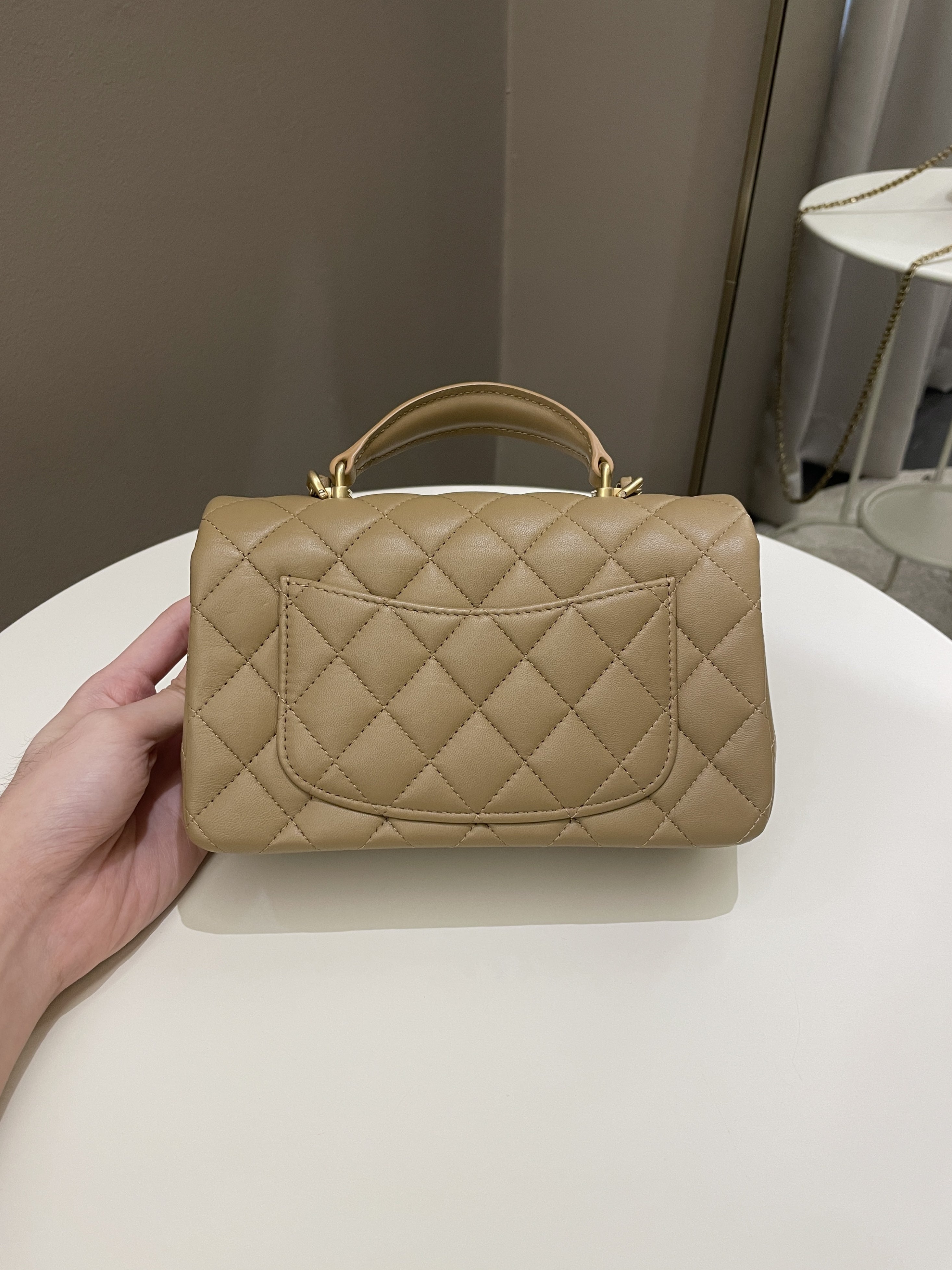 Chanel 22B Quilted Metal Top Handle Mini Rectangular Dark Beige Lambskin