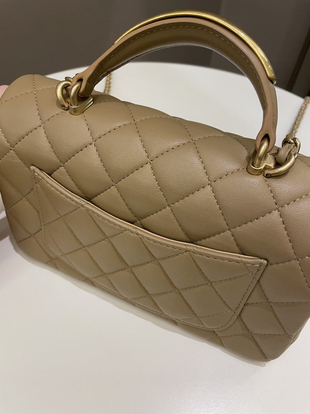 Chanel 22B Quilted Metal Top Handle Mini Rectangular Dark Beige Lambskin