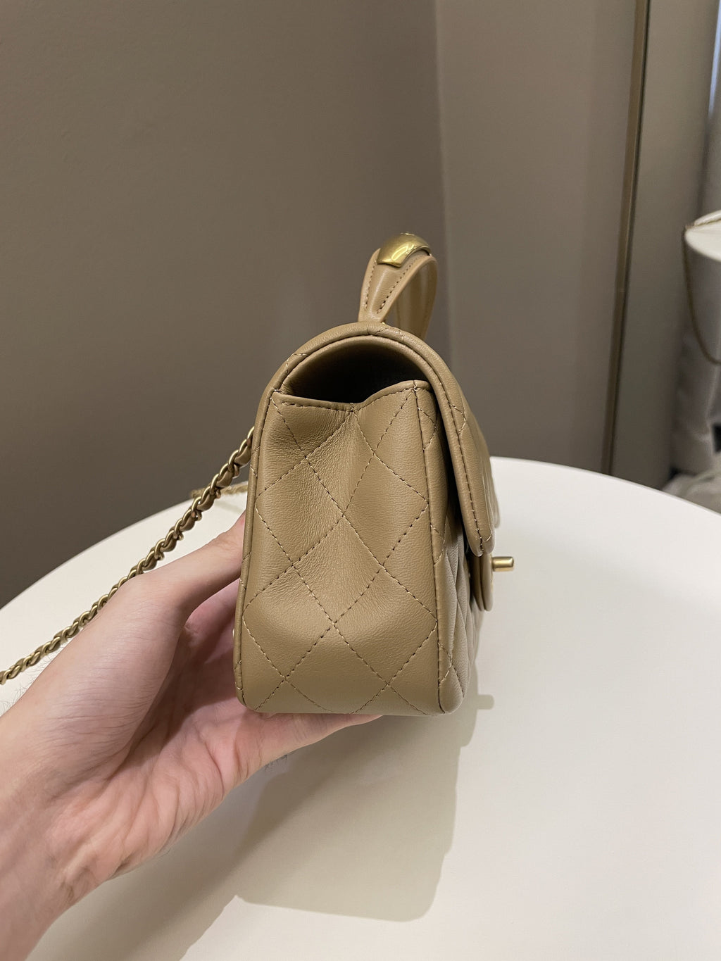 Chanel 22B Quilted Metal Top Handle Mini Rectangular Dark Beige Lambskin