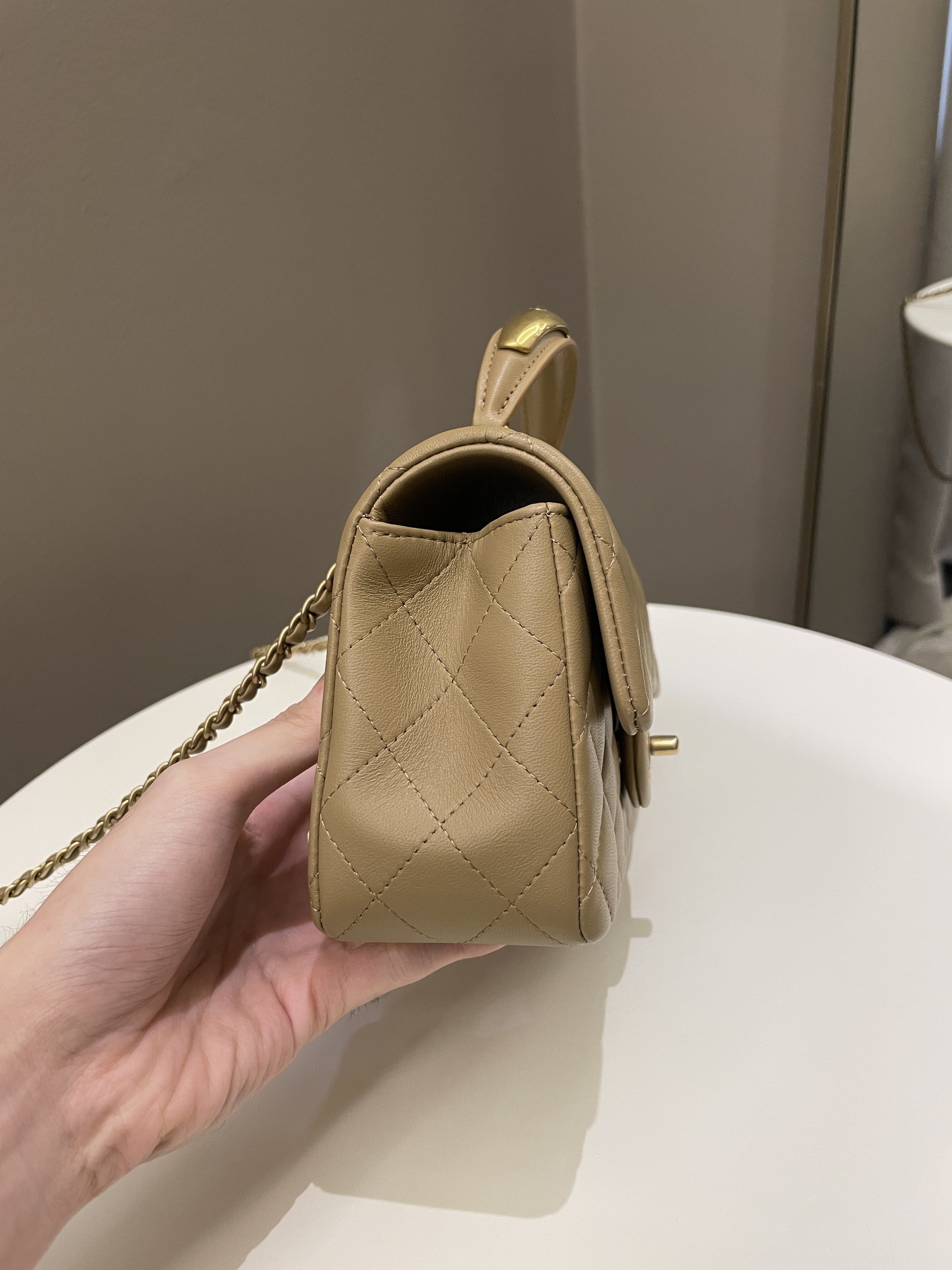 Chanel 22B Quilted Metal Top Handle Mini Rectangular Dark Beige Lambskin