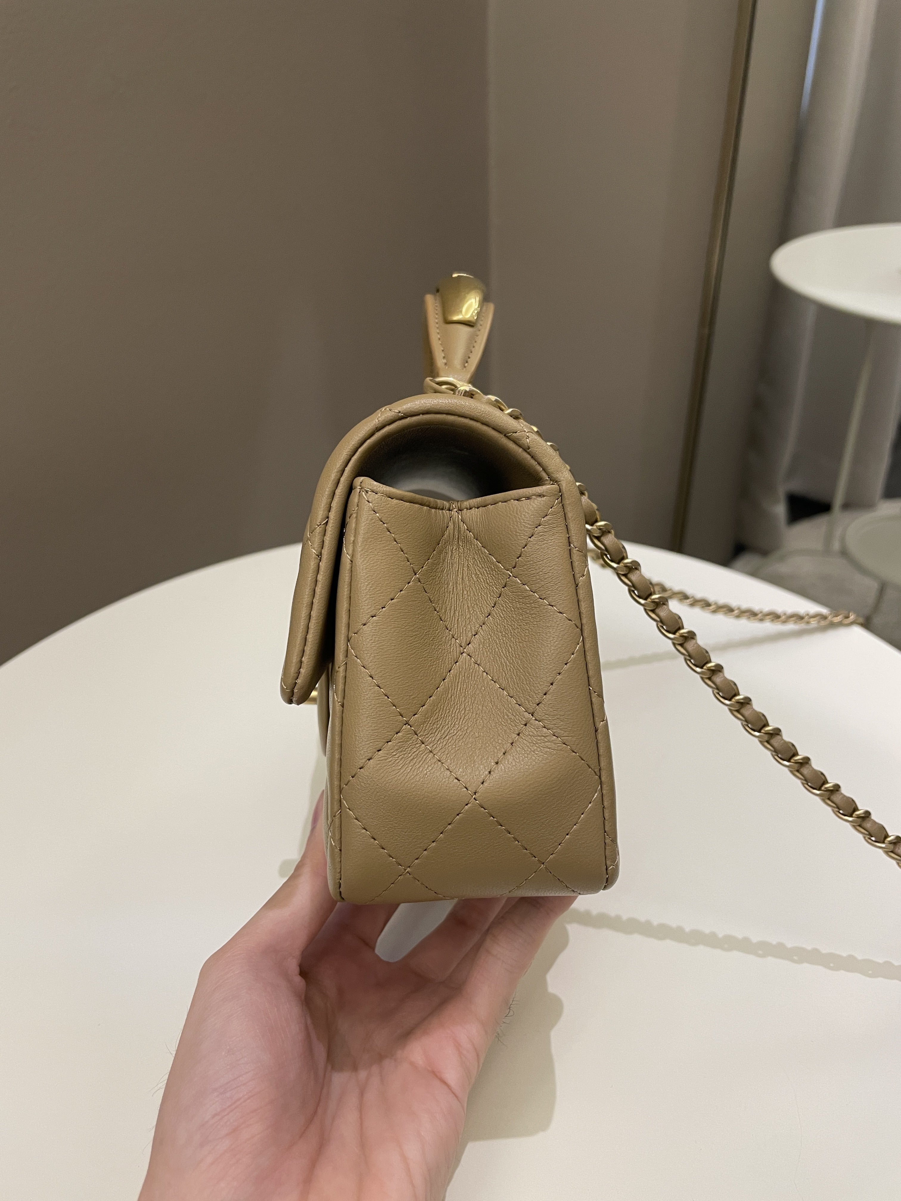 Chanel 22B Quilted Metal Top Handle Mini Rectangular Dark Beige Lambskin