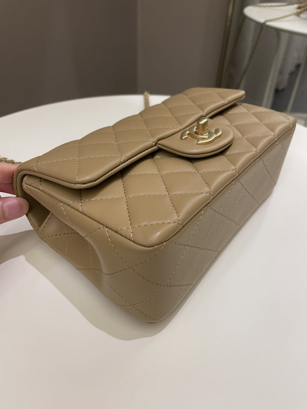 Chanel 22B Quilted Metal Top Handle Mini Rectangular Dark Beige Lambskin