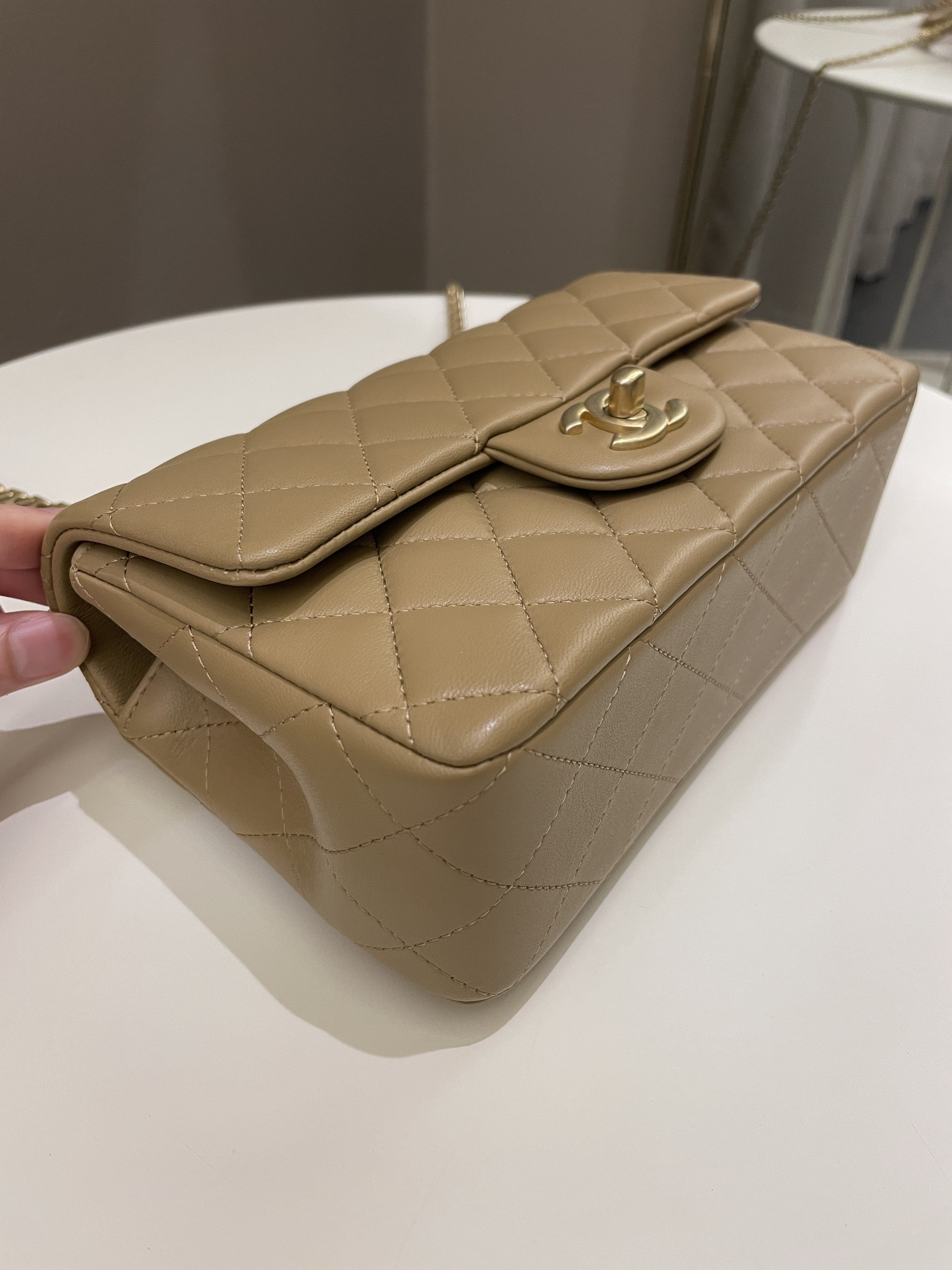 Chanel 22B Quilted Metal Top Handle Mini Rectangular Dark Beige Lambskin
