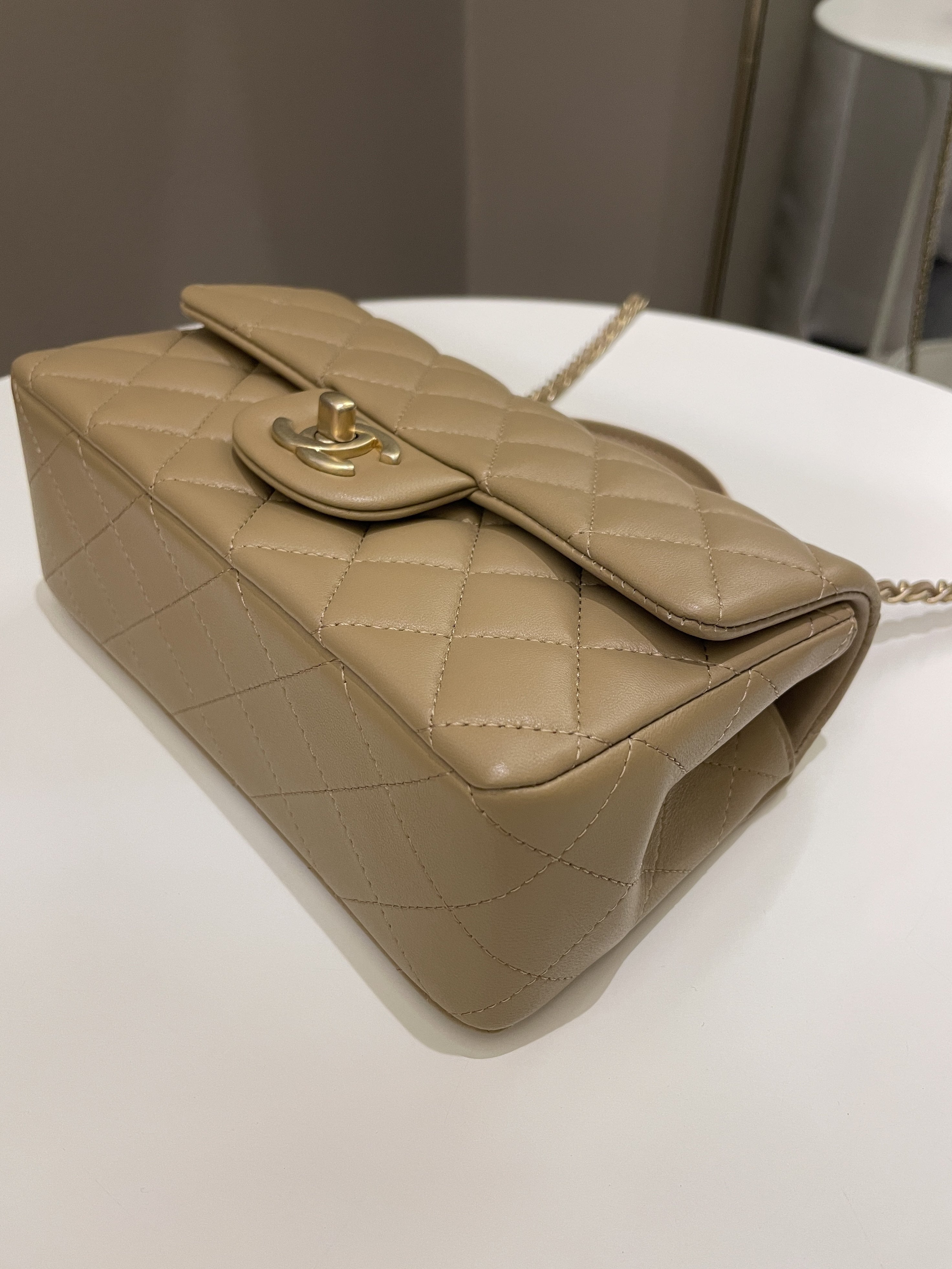 Chanel 22B Quilted Metal Top Handle Mini Rectangular Dark Beige Lambskin