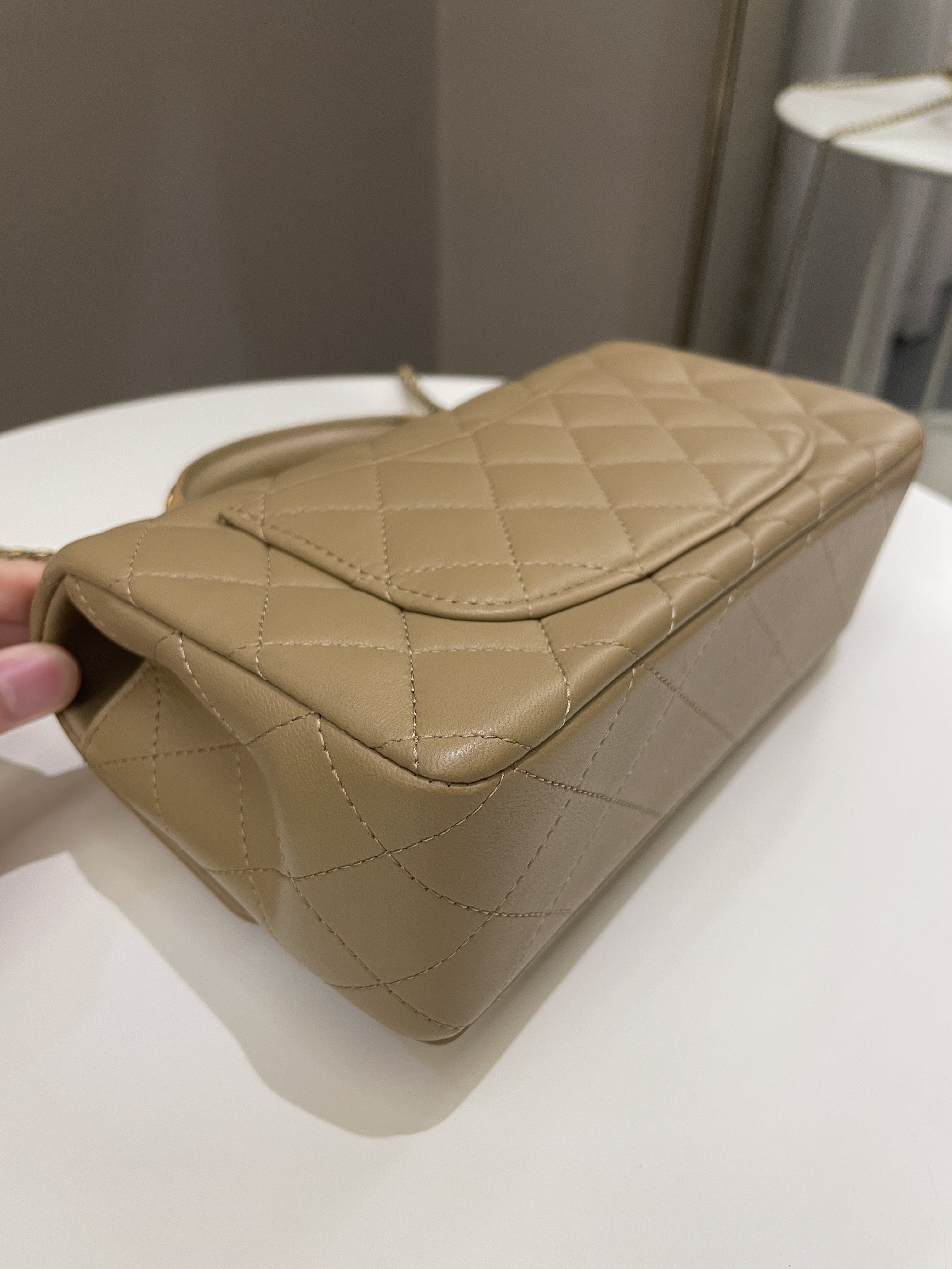 Chanel 22B Quilted Metal Top Handle Mini Rectangular Dark Beige Lambskin