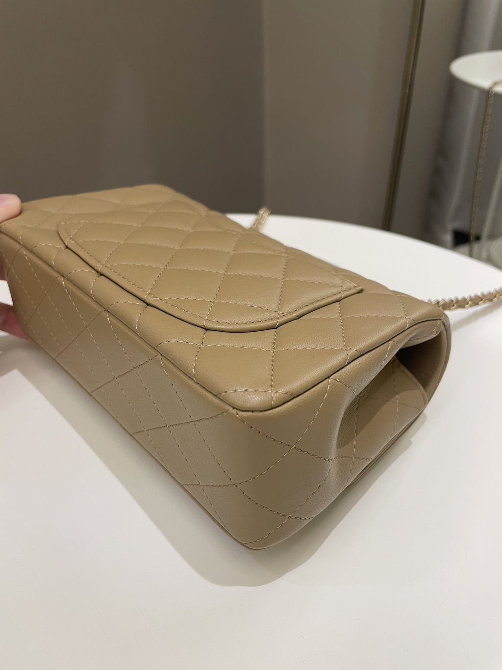 Chanel 22B Quilted Metal Top Handle Mini Rectangular Dark Beige Lambskin