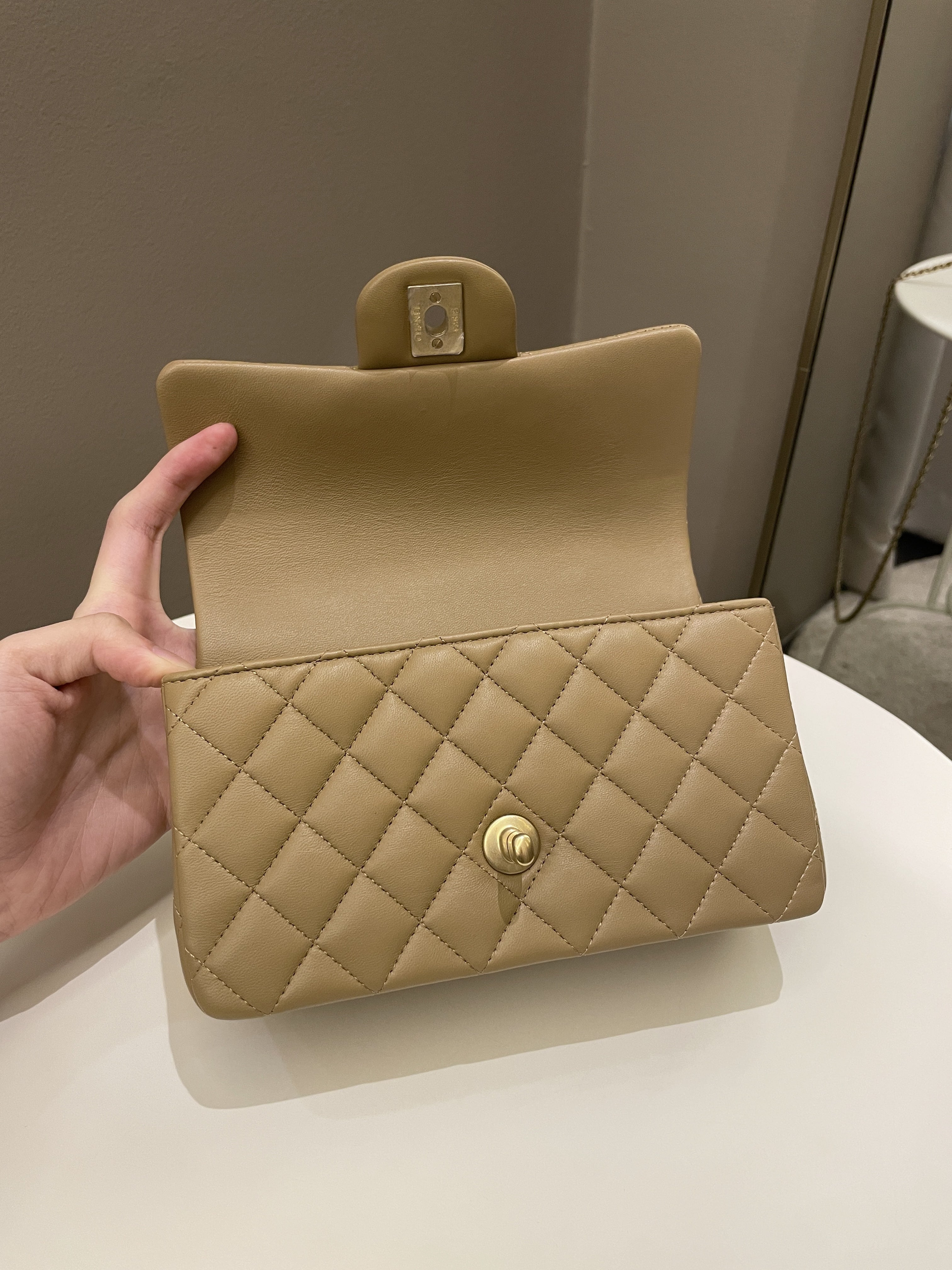 Chanel 22B Quilted Metal Top Handle Mini Rectangular Dark Beige Lambskin