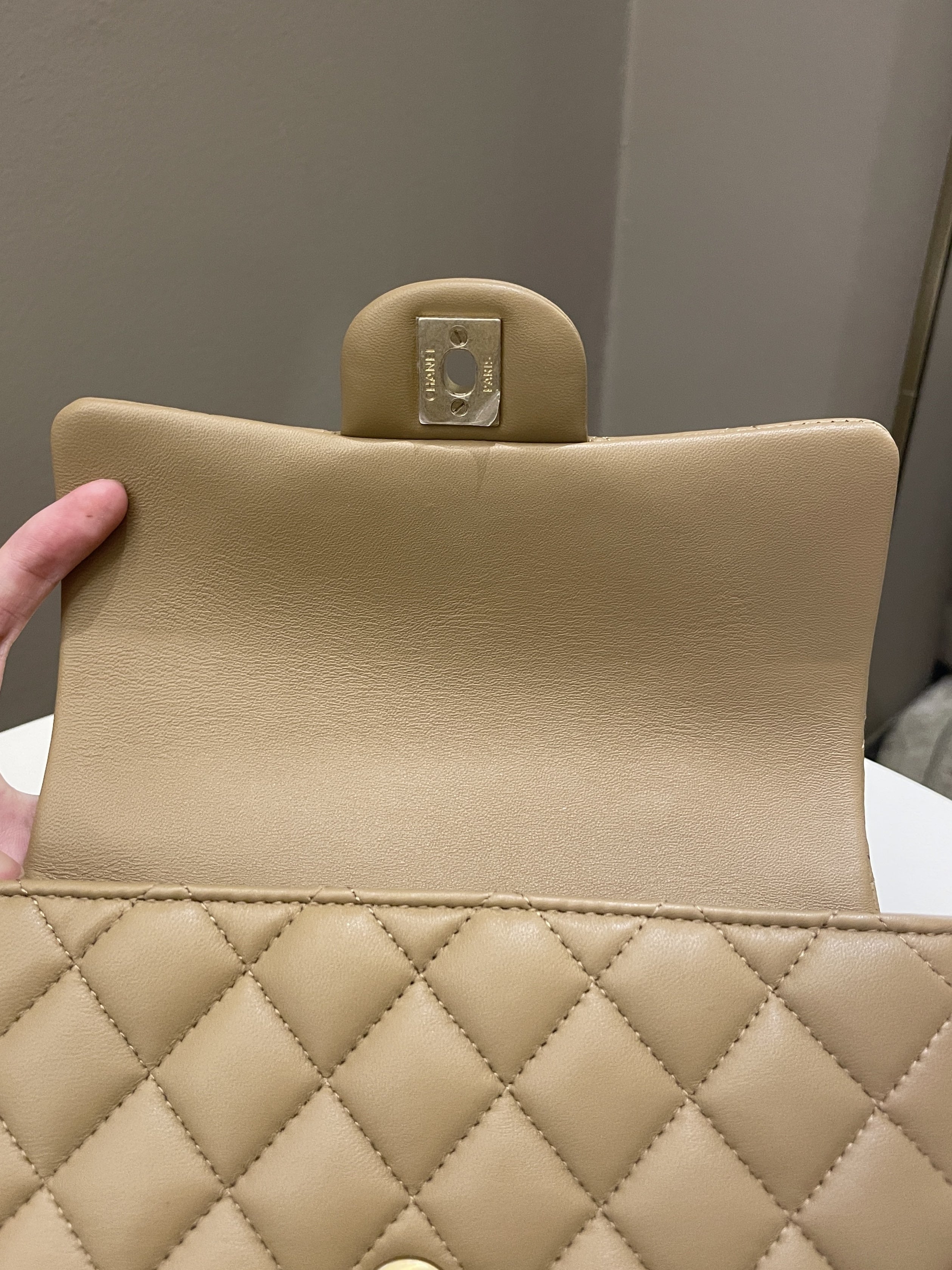 Chanel 22B Quilted Metal Top Handle Mini Rectangular Dark Beige Lambskin