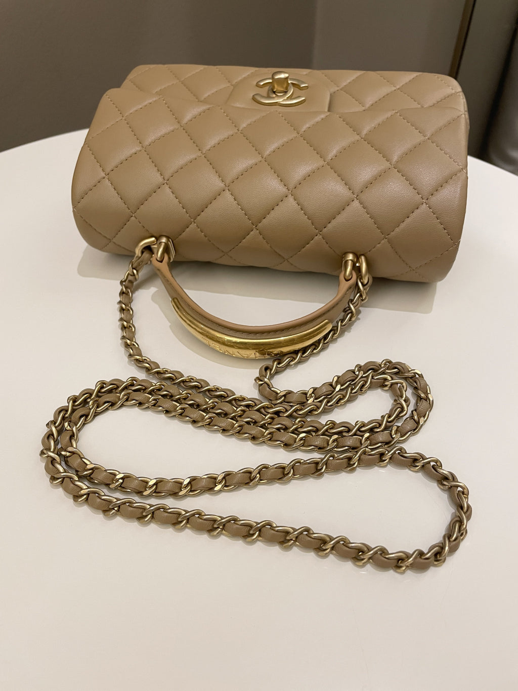 Chanel 22B Quilted Metal Top Handle Mini Rectangular Dark Beige Lambskin