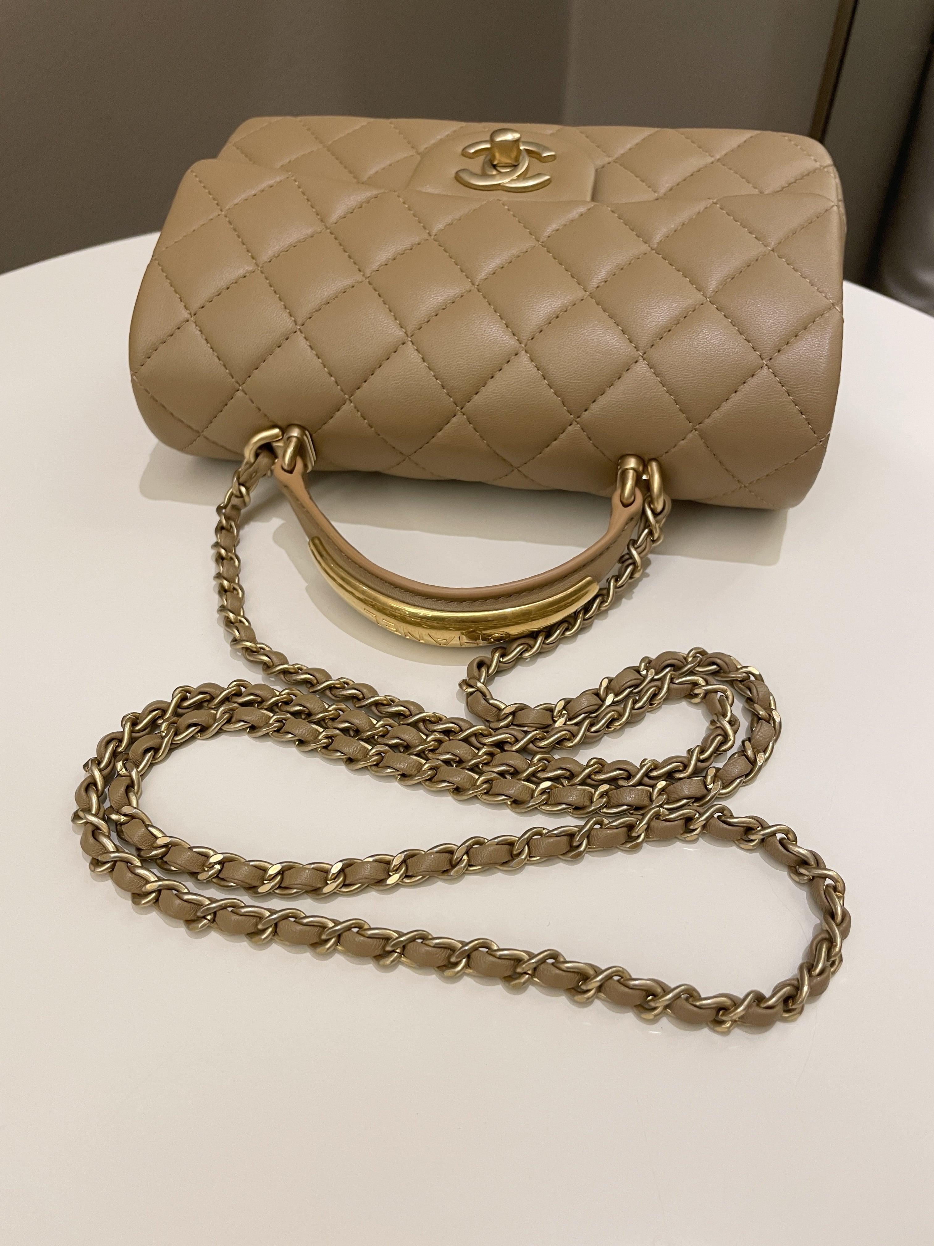 Chanel 22B Quilted Metal Top Handle Mini Rectangular Dark Beige Lambskin