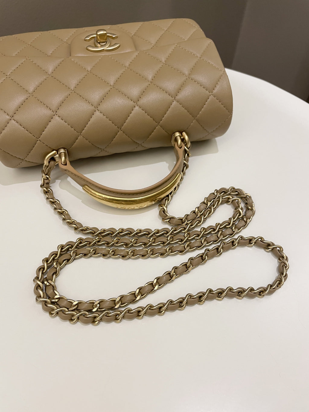 Chanel 22B Quilted Metal Top Handle Mini Rectangular Dark Beige Lambskin