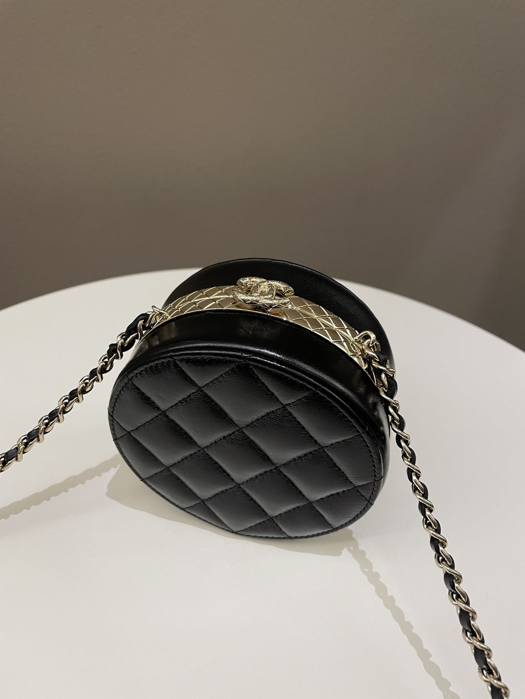 Chanel Quilted Round Evening Chain Clutch Black Lambskin