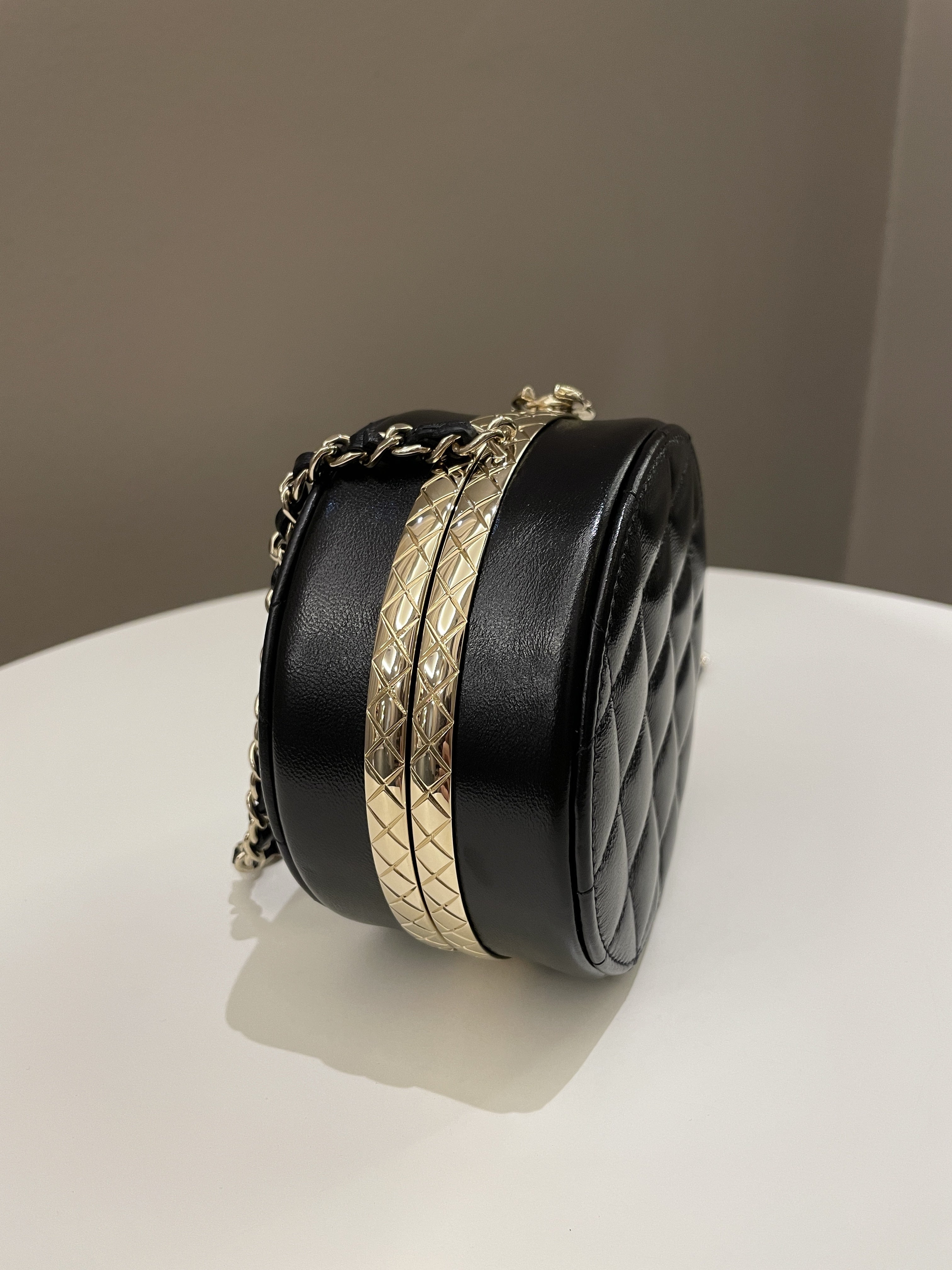 Chanel Quilted Round Evening Chain Clutch Black Lambskin